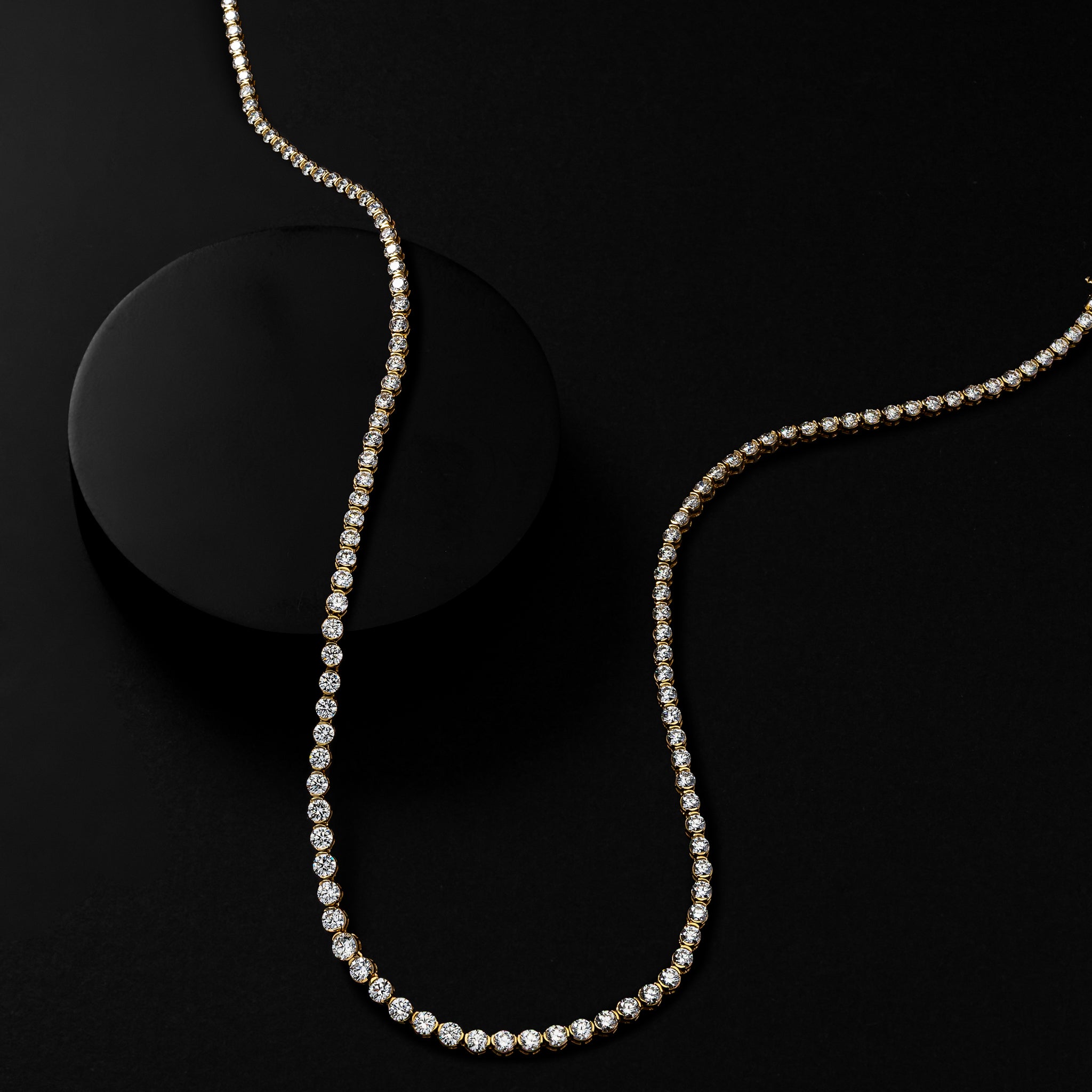 Yellow Gold Half Bezel All The Way 13.00cts Round Diamond 17.00" Tennis Necklace