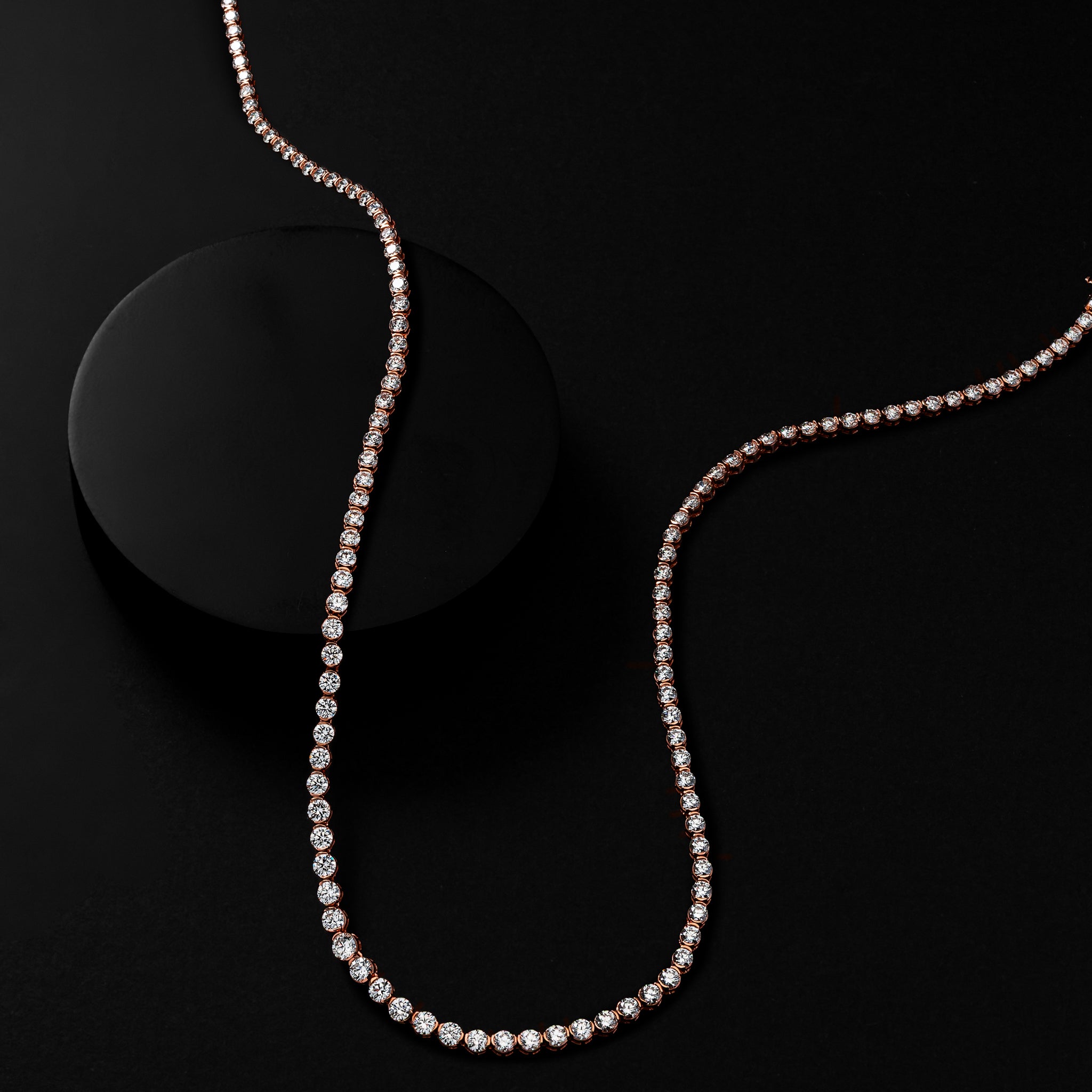 Rose Gold Half Bezel All The Way 13.00cts Round Diamond 17.00" Tennis Necklace
