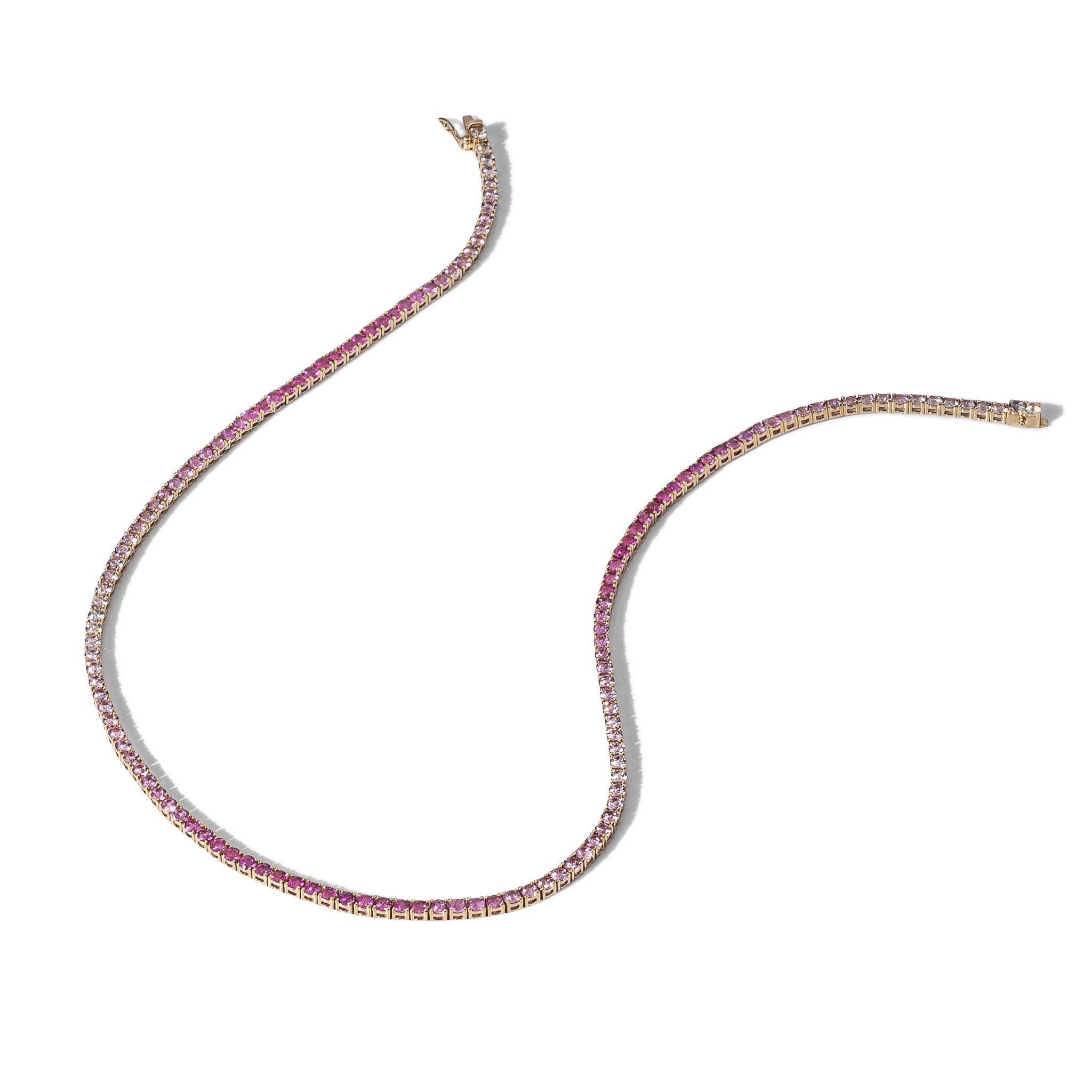 14 Karat Gold and Ombre Pink Sapphire 8.00cts Oval 16.00" Tennis Necklace