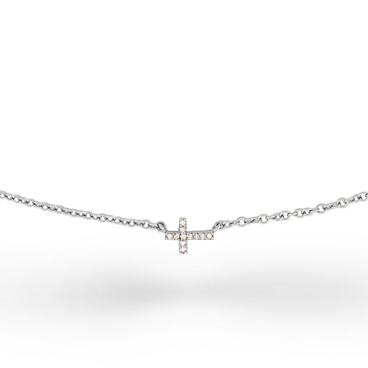 Sterling and Pave Diamond Itsy Horizontal Cross Pendant Necklace