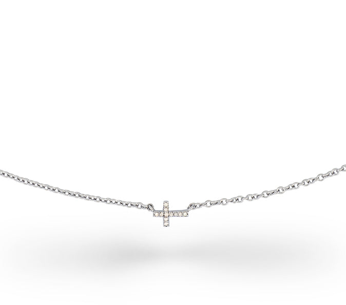 Sterling and Pave Diamond Itsy Horizontal Cross Pendant Necklace