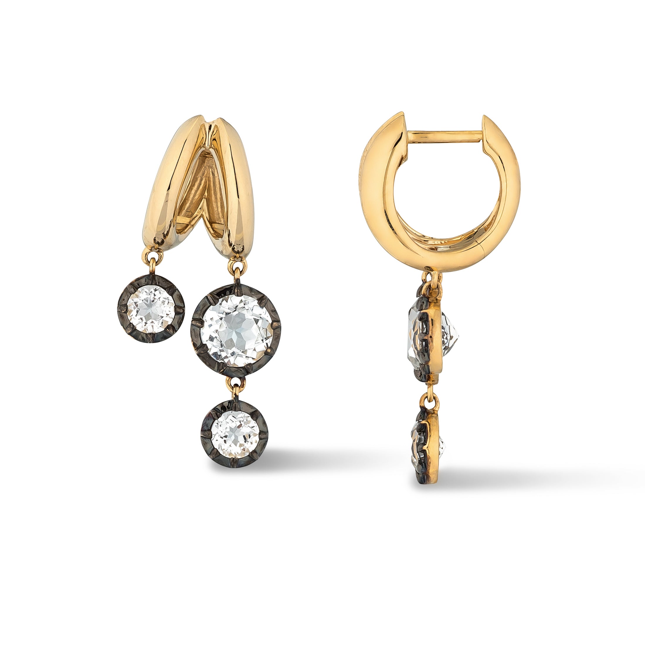 14 Karat Yellow Gold White Topaz Split Huggie Drop Earrings