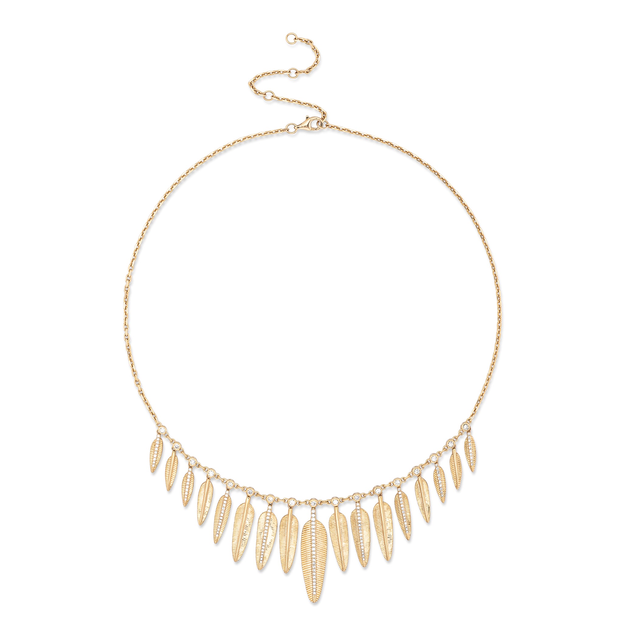 14 Karat Yellow Gold and Diamond Feather Large Drop Necklace