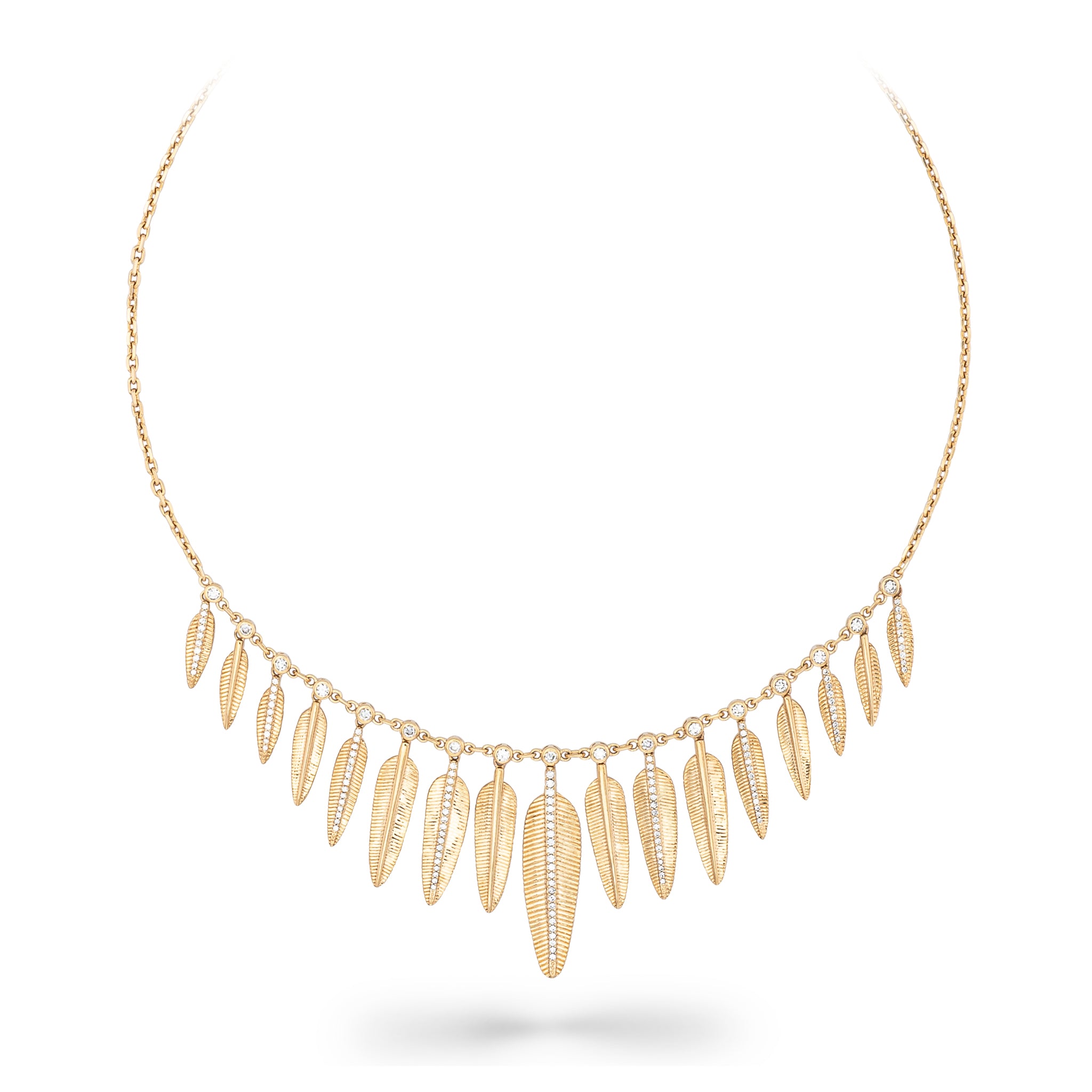 14 Karat Yellow Gold and Diamond Feather Large Drop Necklace