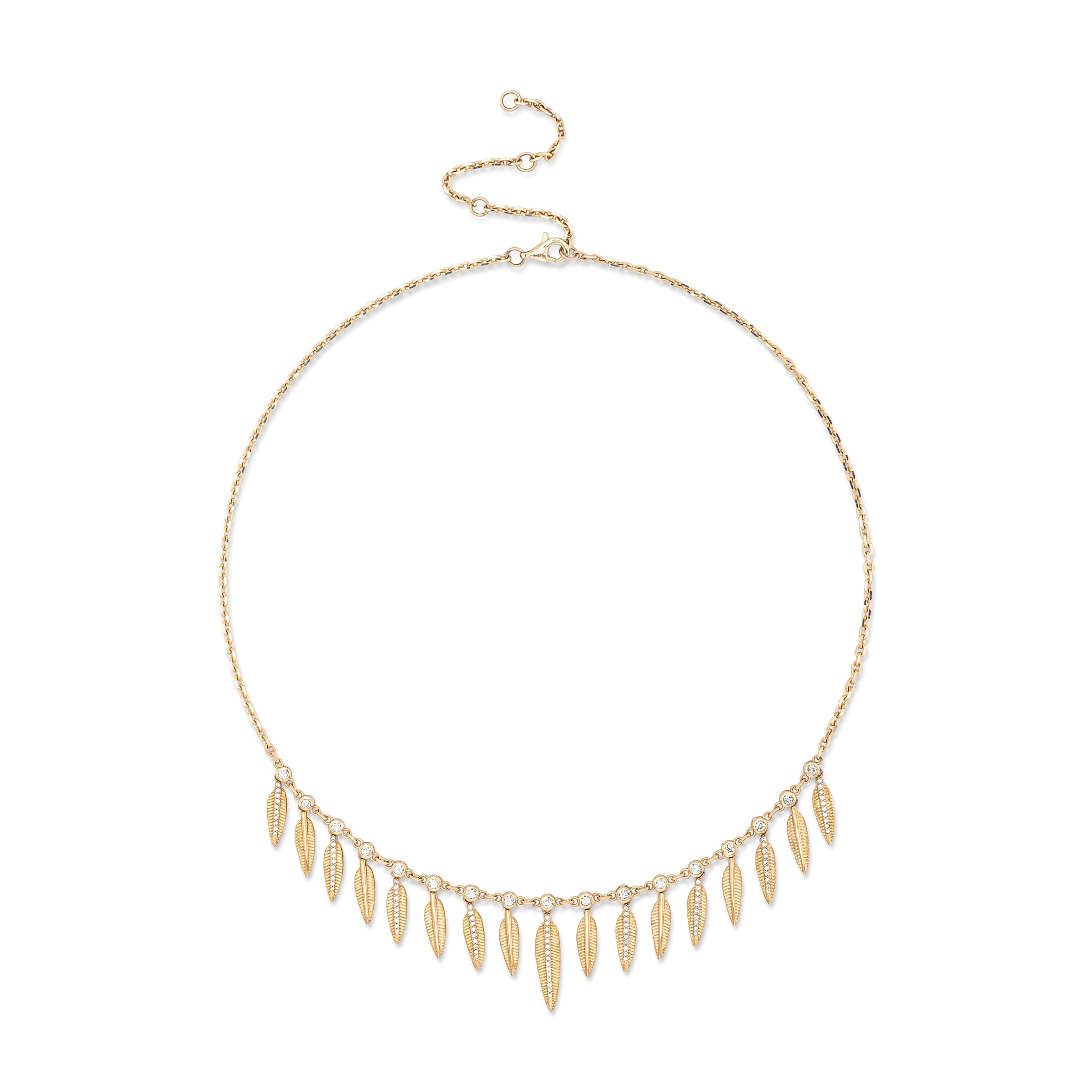 14 Karat Yellow Gold and Diamond Feather Small Drop Necklace