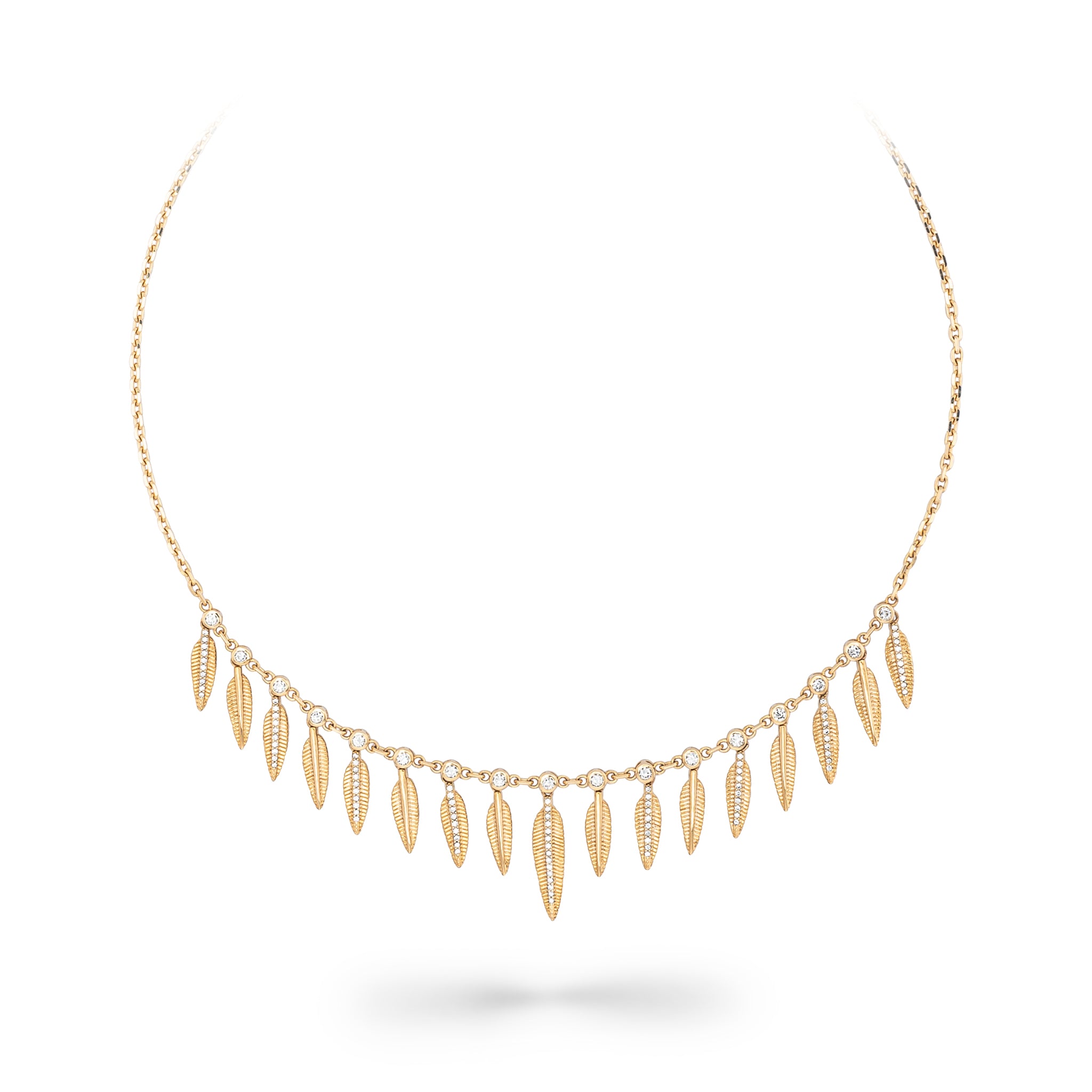 14 Karat Yellow Gold and Diamond Feather Small Drop Necklace