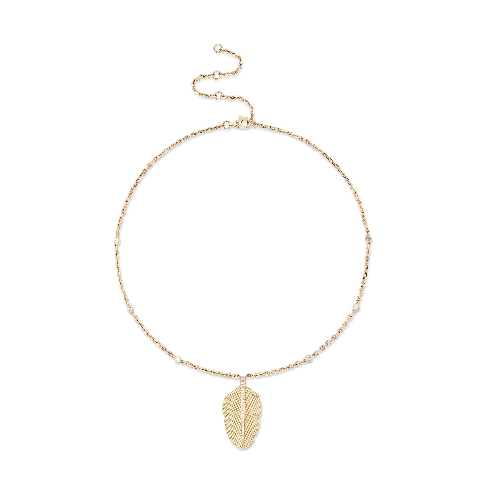 14 Karat Yellow Gold and Diamond Feather Pendant Necklace