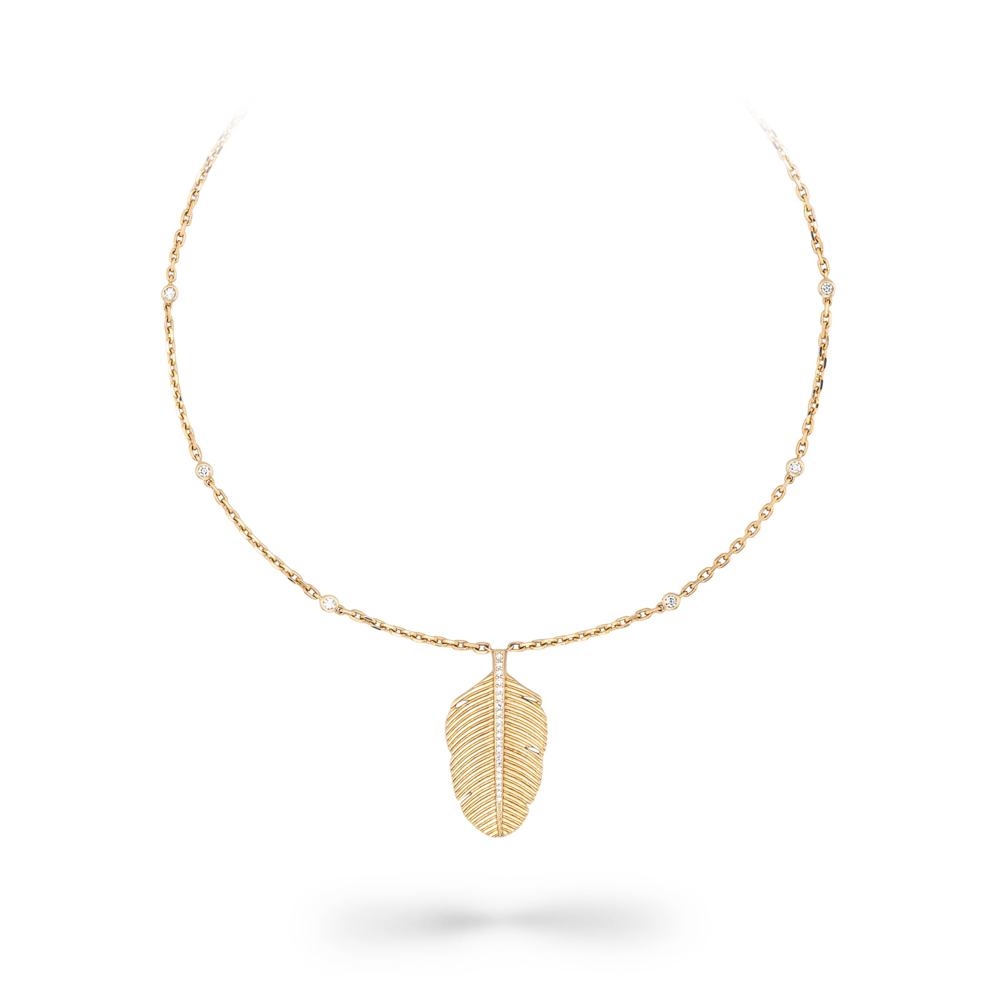 14 Karat Yellow Gold and Diamond Feather Pendant Necklace