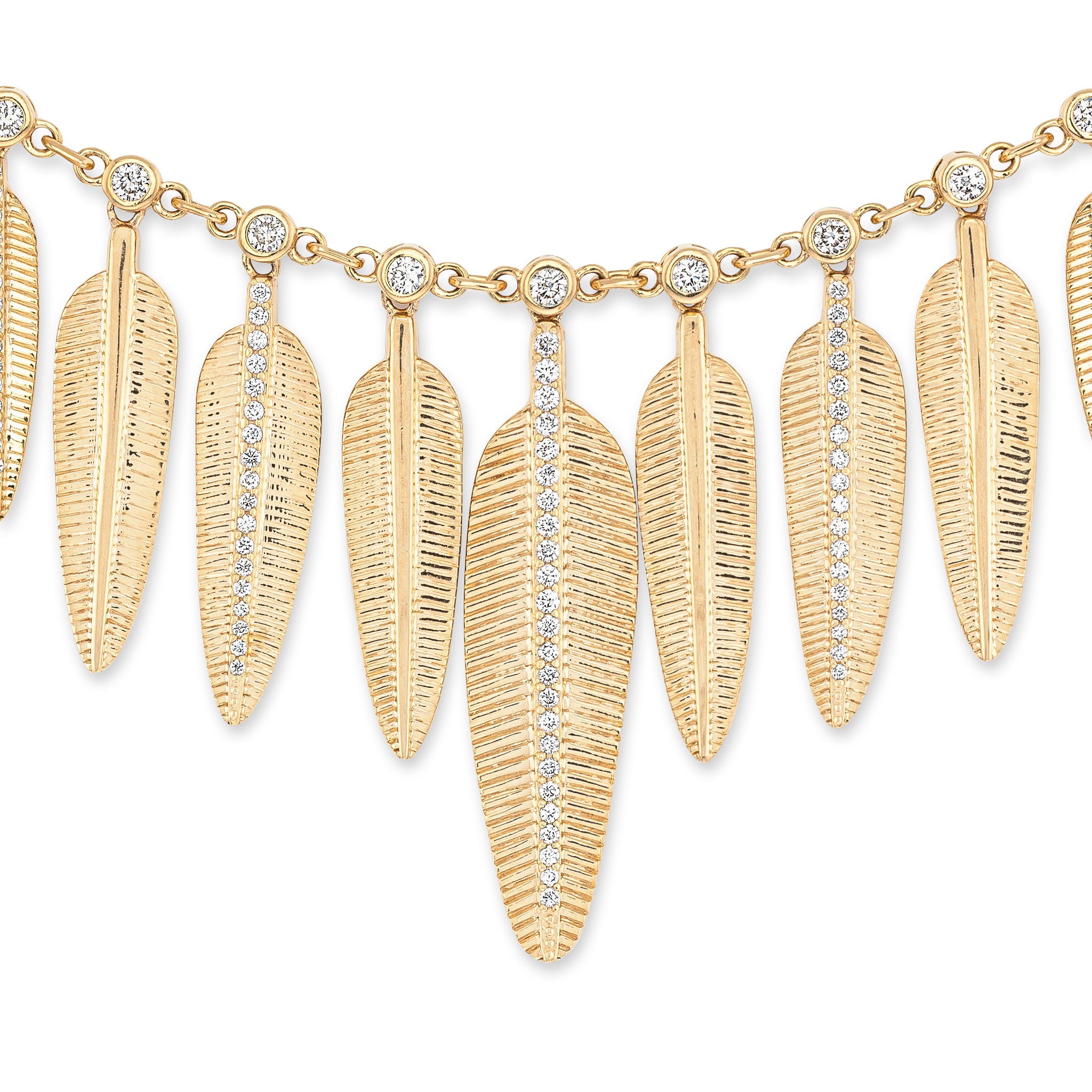 14 Karat Yellow Gold and Diamond Feather Large Drop Necklace