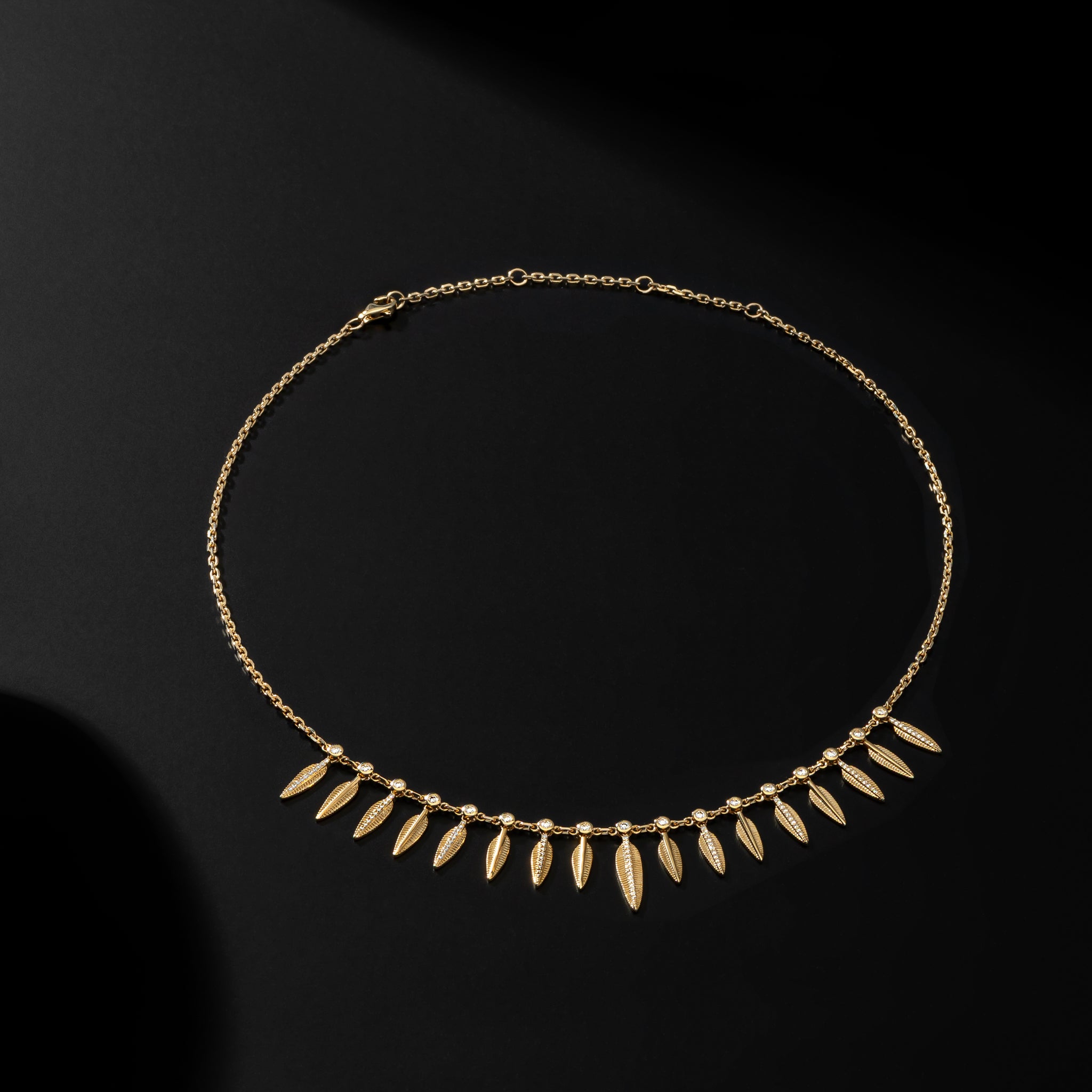 14 Karat Yellow Gold and Diamond Feather Small Drop Necklace