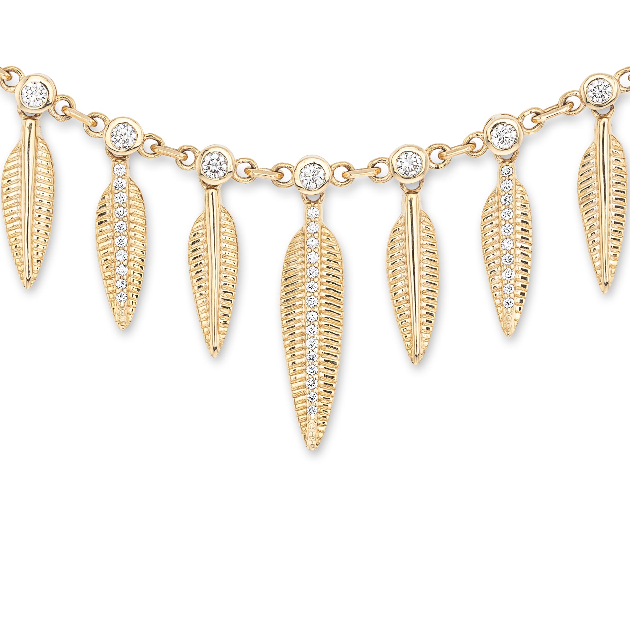 14 Karat Yellow Gold and Diamond Feather Small Drop Necklace