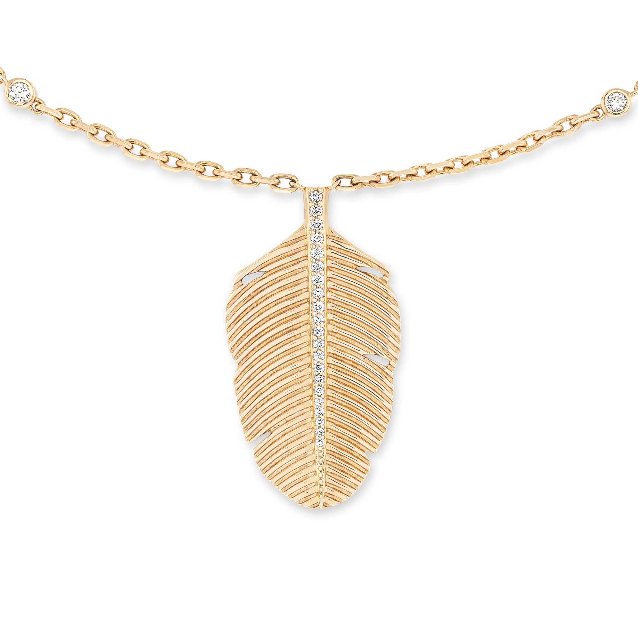 14 Karat Yellow Gold and Diamond Feather Pendant Necklace