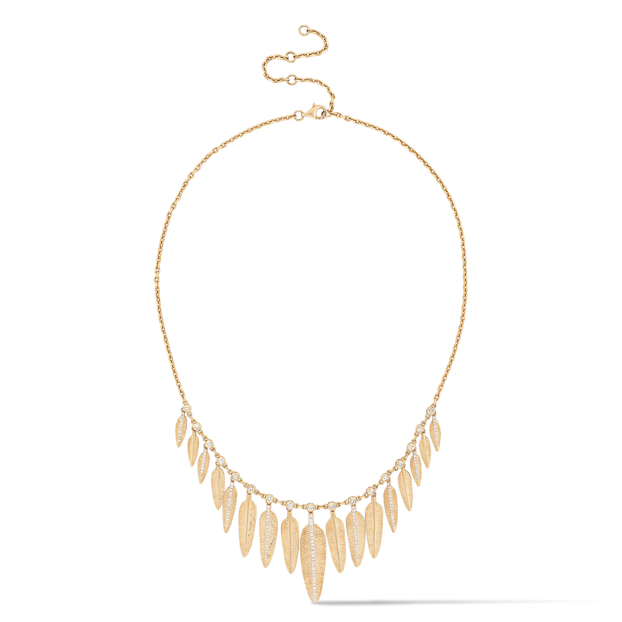 14 Karat Yellow Gold and Diamond Feather Large Drop Necklace