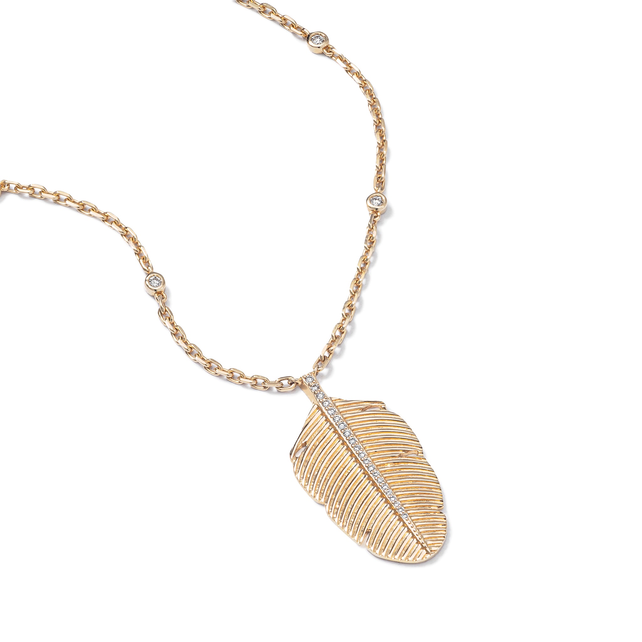 14 Karat Yellow Gold and Diamond Feather Pendant Necklace