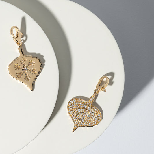 14 Karat Yellow Gold and Diamond Double Sided Aspen Leaf Charm