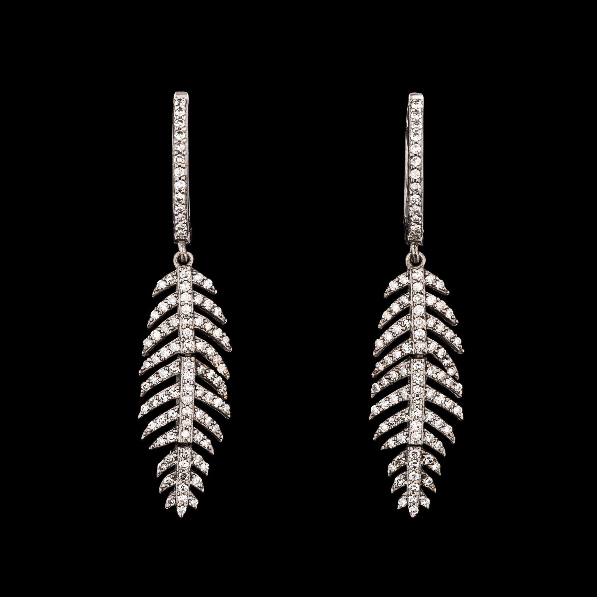 Black Rhodium and Diamond Pave Feather Earrings