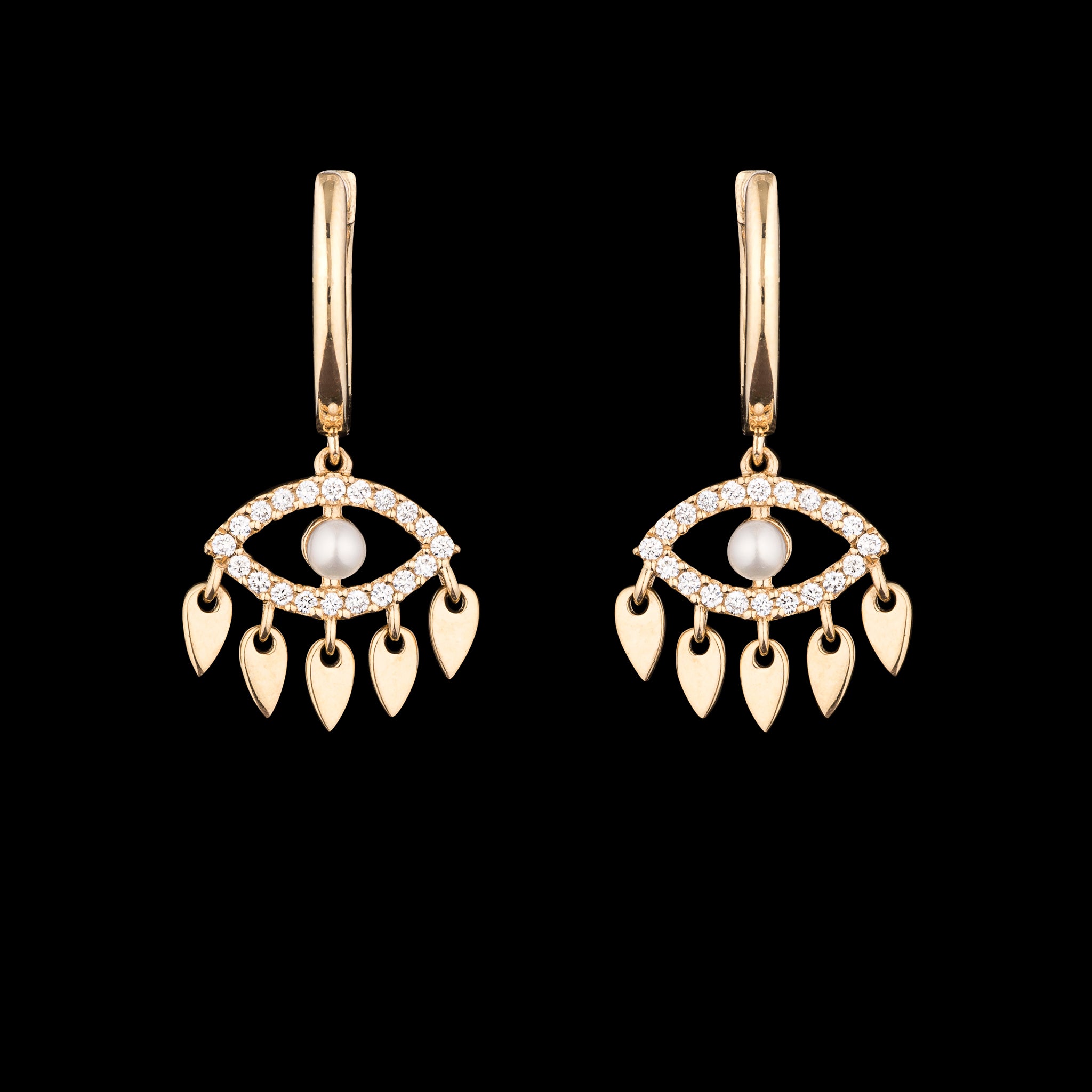 14 Karat Yellow Gold Diamond Eye Pearl Drop Huggie