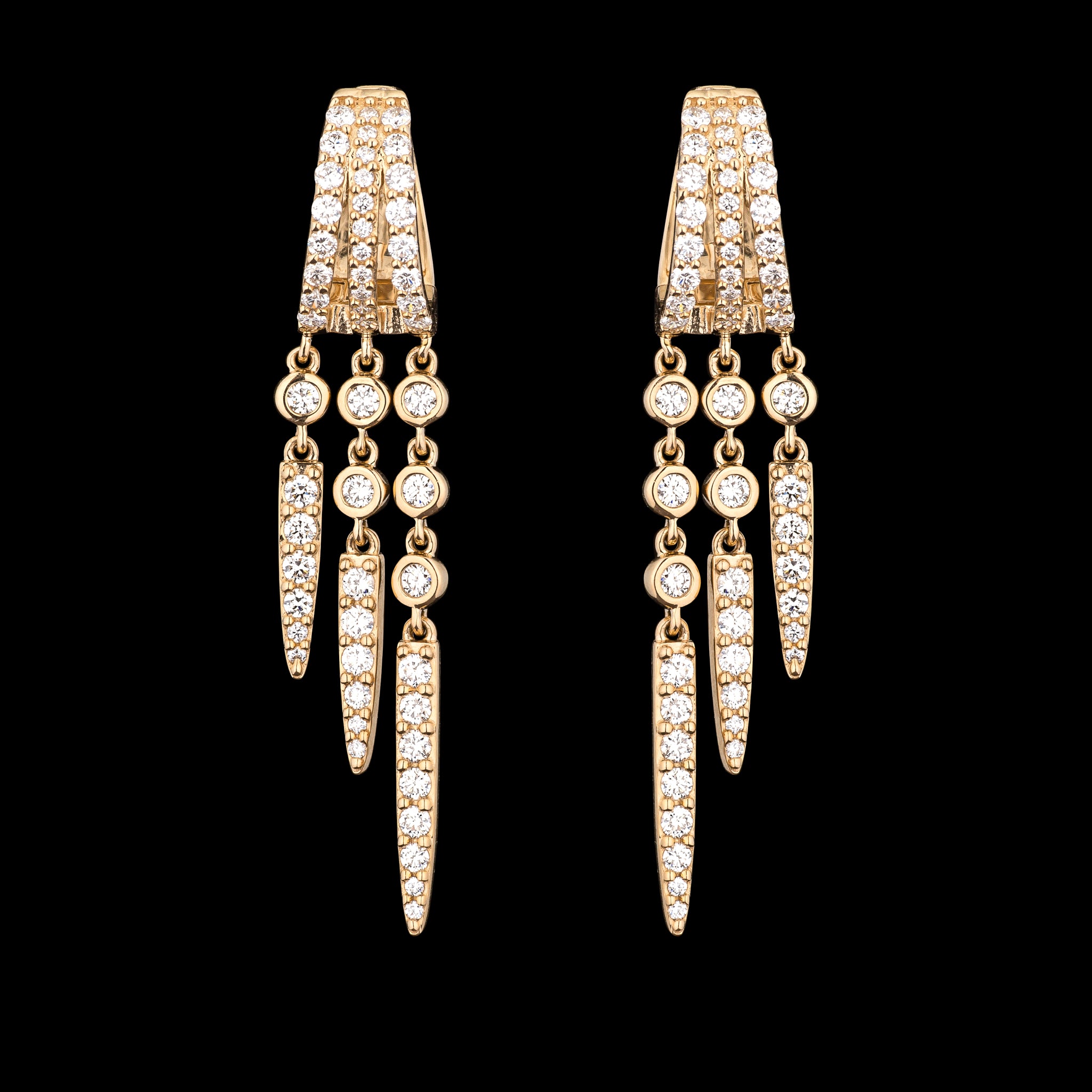 14 Karat Yellow Gold Diamond Triple Spike Large Drop Huggie