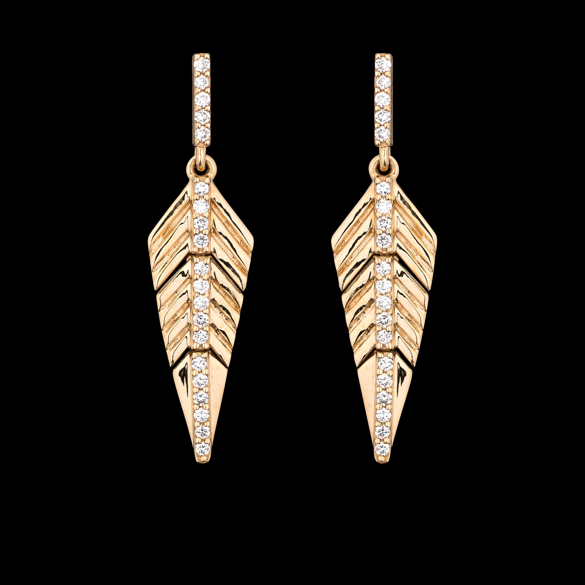 14 Karat Yellow Gold and Diamond Arrow Feather Earrings