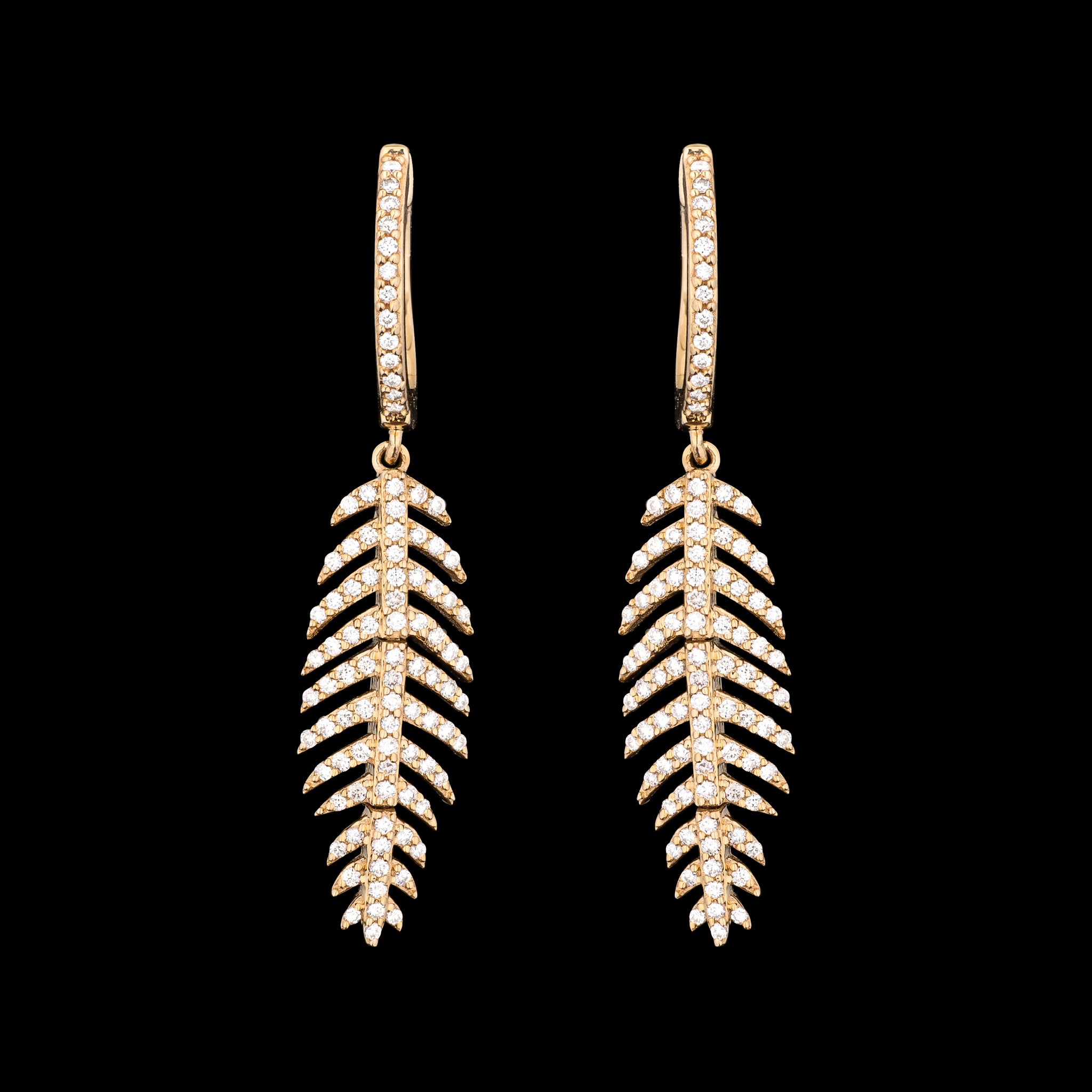 14 Karat Yellow Gold and Diamond Feather Earrings