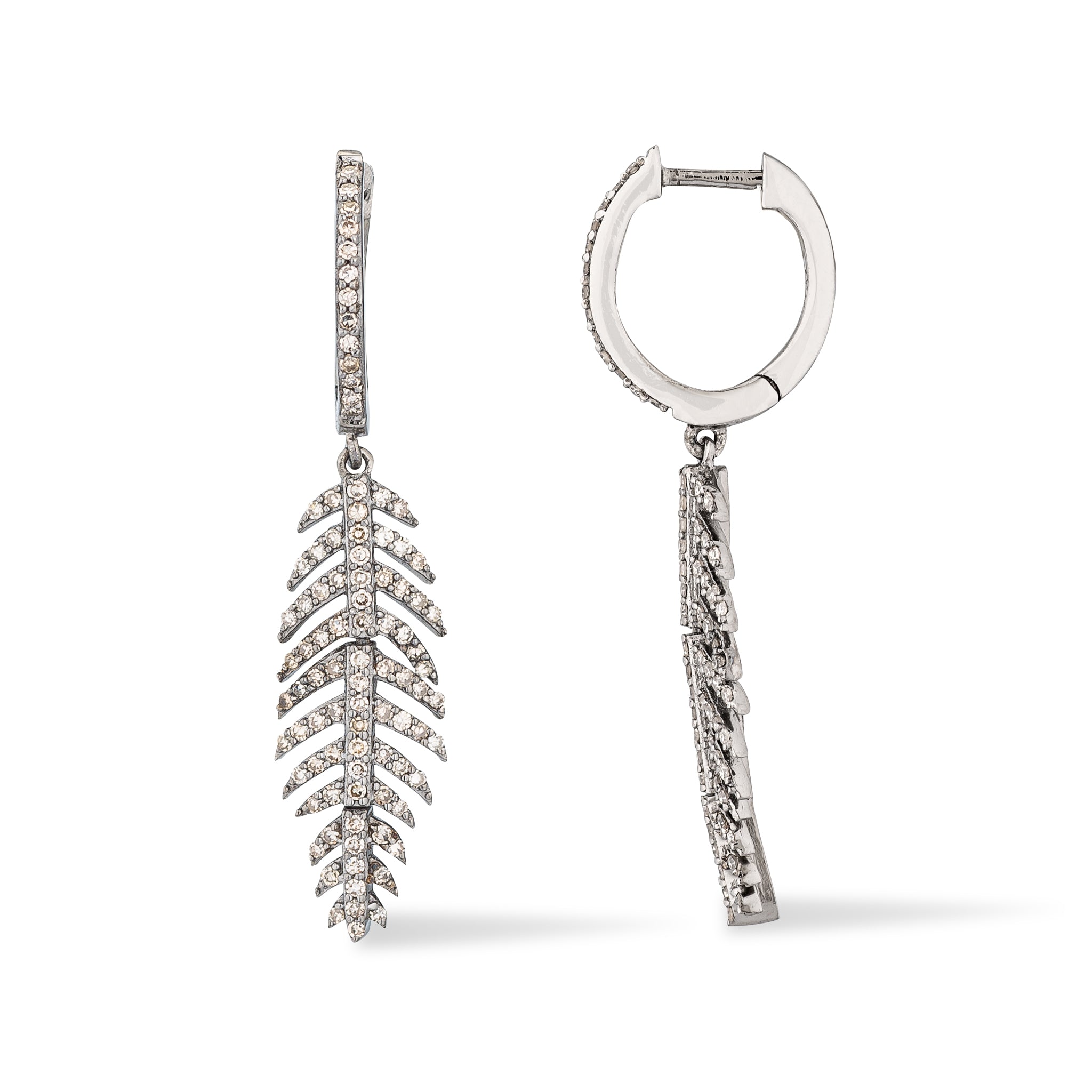 Black Rhodium and Diamond Pave Feather Earrings