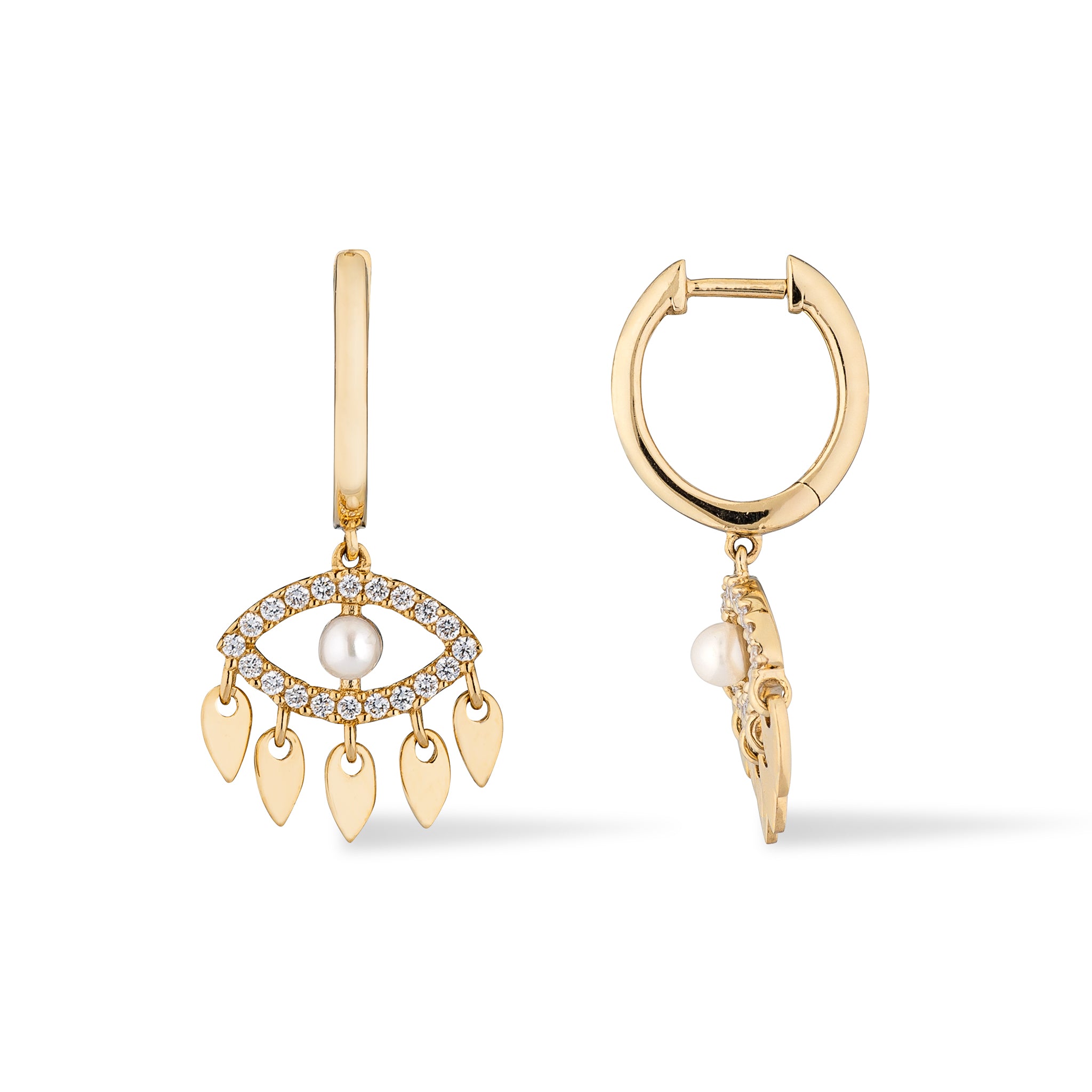 14 Karat Yellow Gold Diamond Eye Pearl Drop Huggie