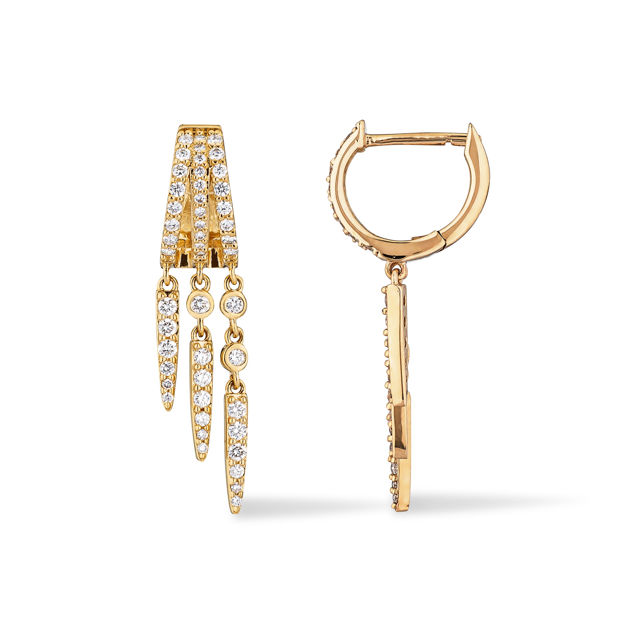 14 Karat Yellow Gold Diamond Triple Spike Medium Drop Huggie