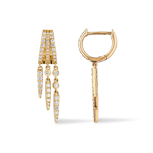 14 Karat Yellow Gold Diamond Triple Spike Medium Drop Huggie