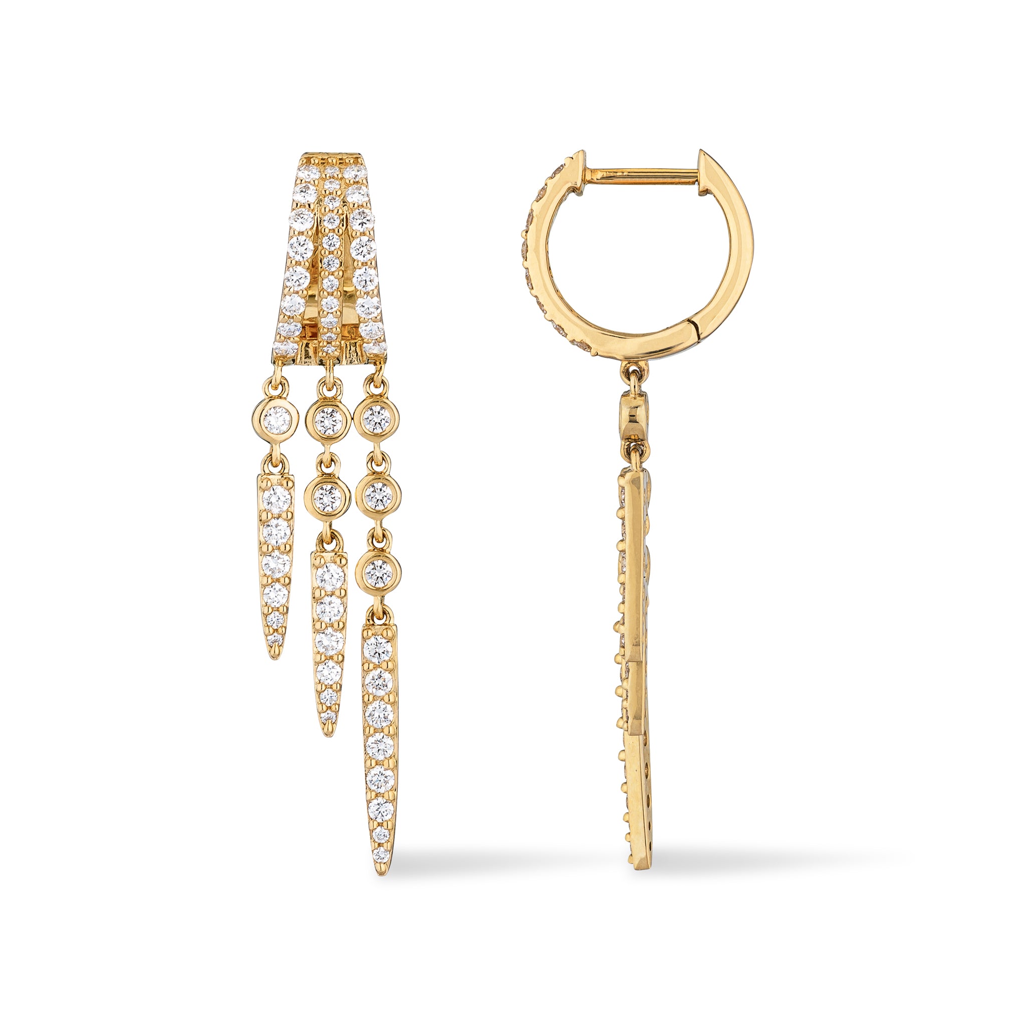 14 Karat Yellow Gold Diamond Triple Spike Large Drop Huggie