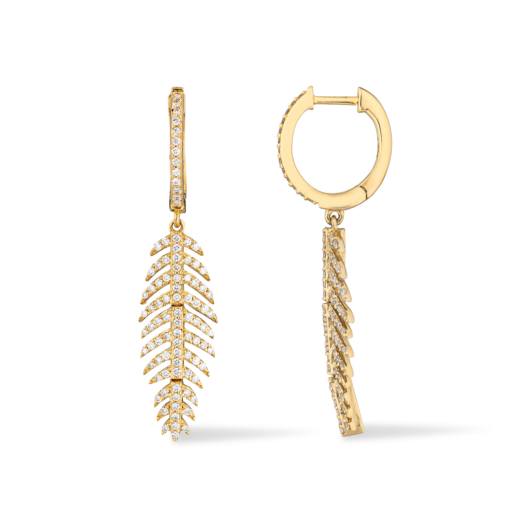 14 Karat Yellow Gold and Diamond Feather Earrings