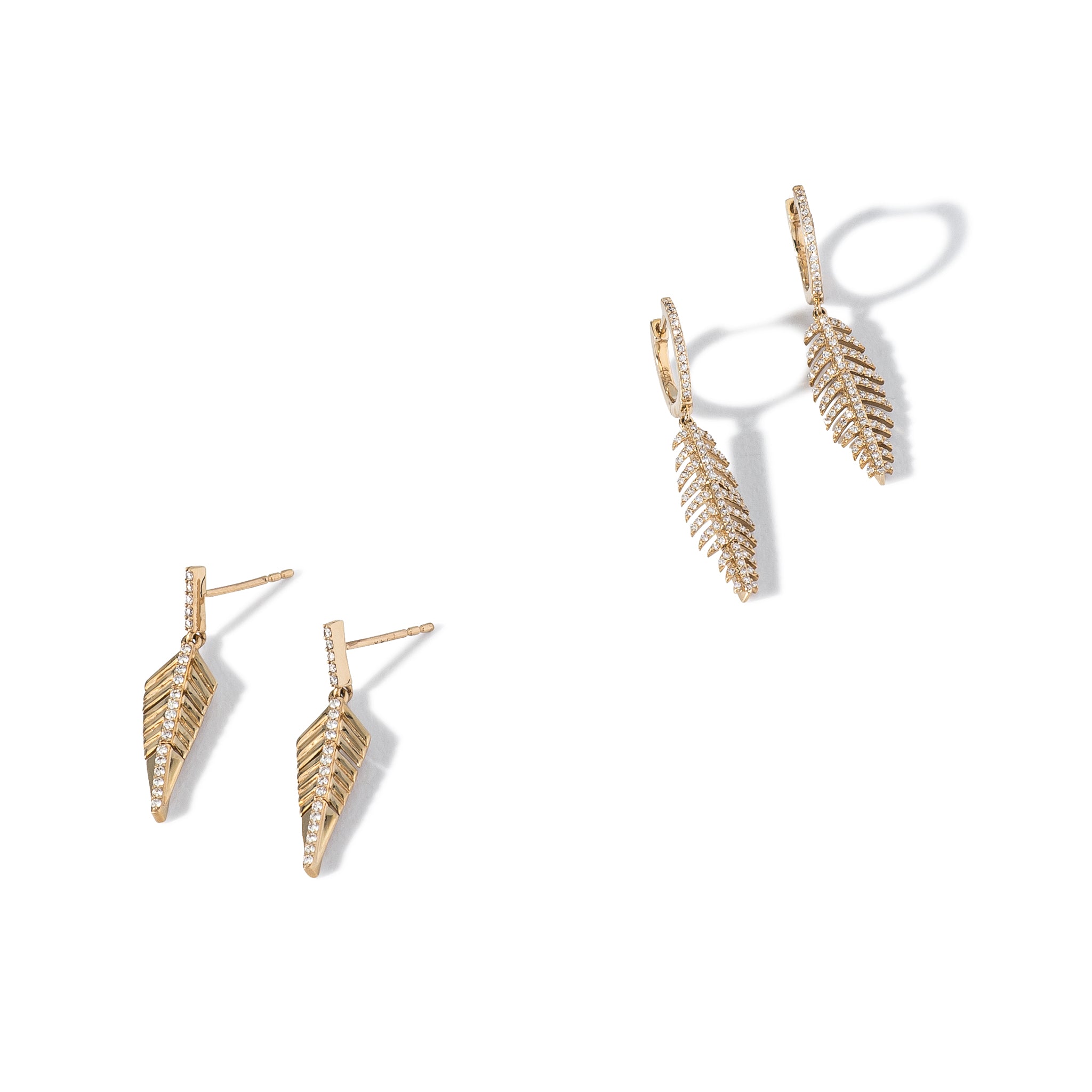 14 Karat Yellow Gold and Diamond Feather Earrings