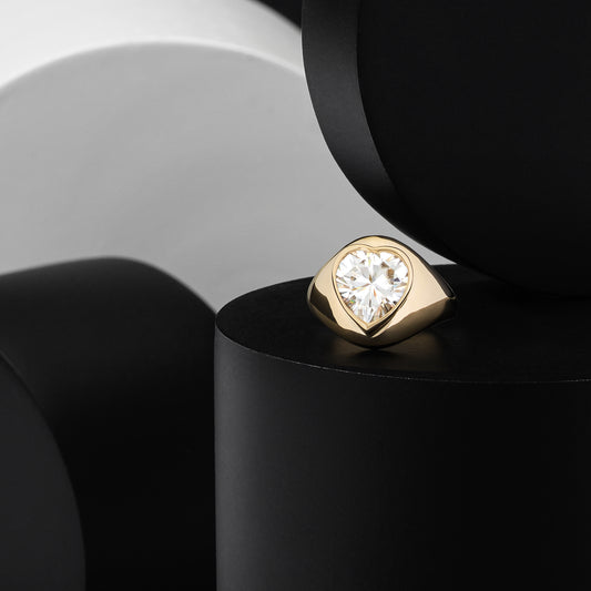 14 Karat Yellow Gold Moissanite Heart Signet Pinky Ring