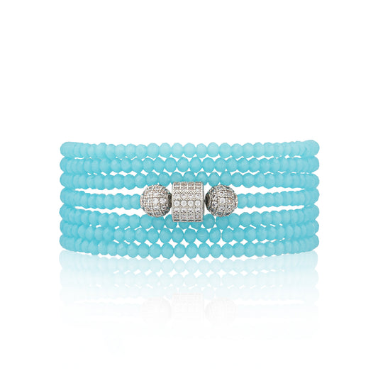 2mm Sky Blue Crystal and Silver Cubic Zirconia Seven Wrap Bracelet and Necklace