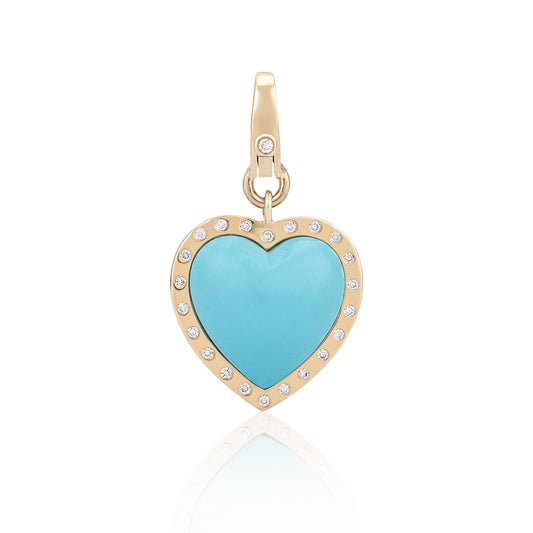 14 Karat Yellow Gold and Diamond Turquoise Heart Clip Charm