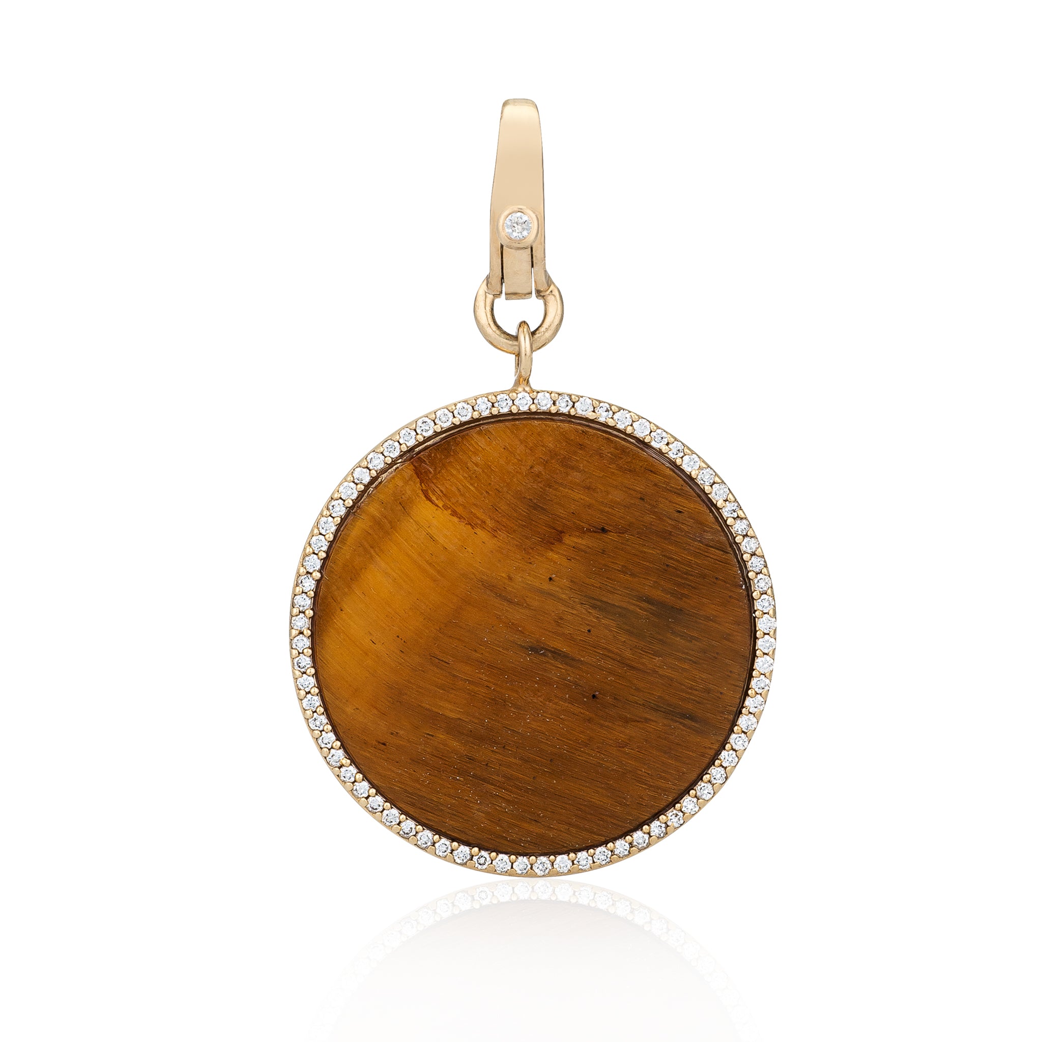 14 Karat Yellow Gold and Diamond Trimmed Tigers Eye Disk Clip Charm