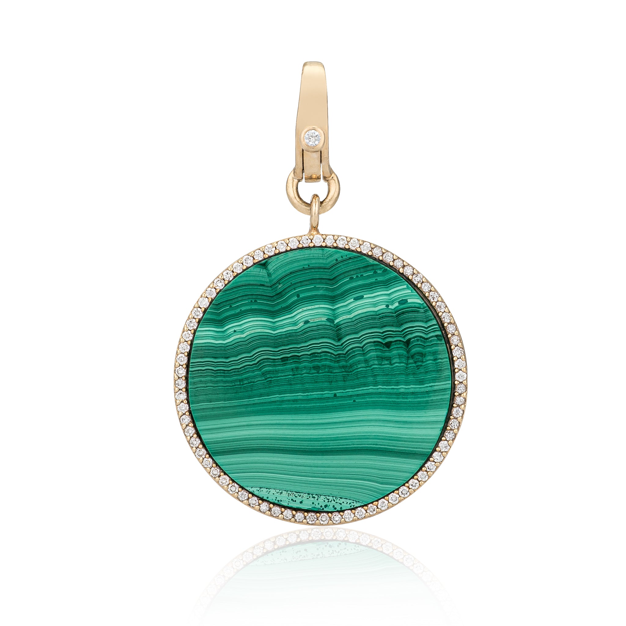 14 Karat Yellow Gold and Diamond Trimmed Malachite Disk Clip Charm