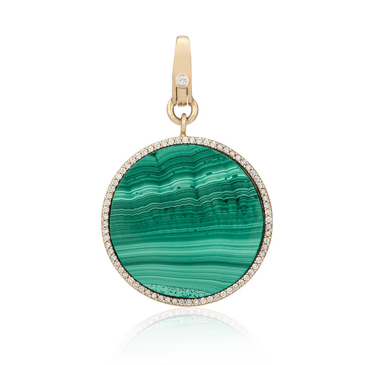 14 Karat Yellow Gold and Diamond Trimmed Malachite Disk Clip Charm