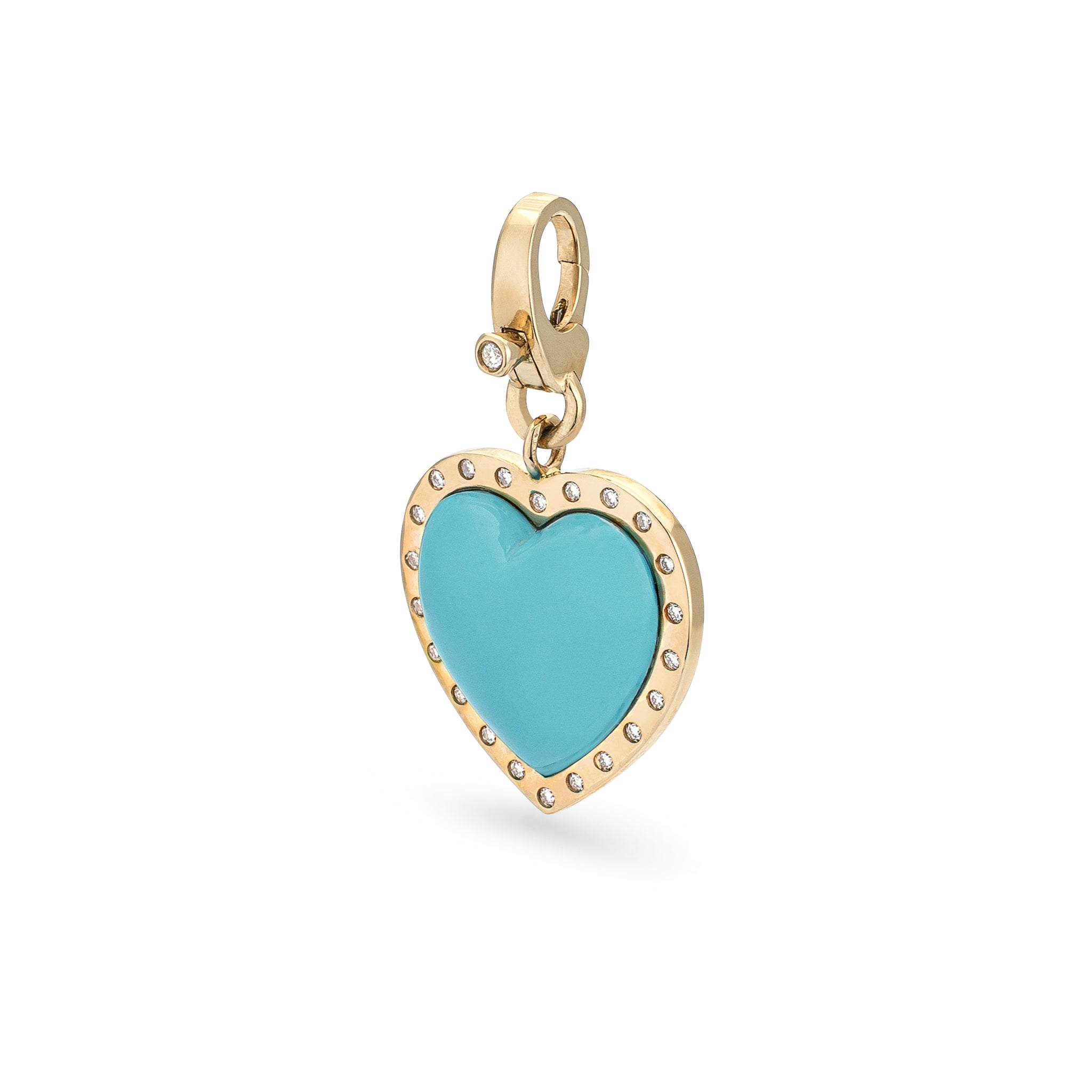 14 Karat Yellow Gold and Diamond Turquoise Heart Clip Charm