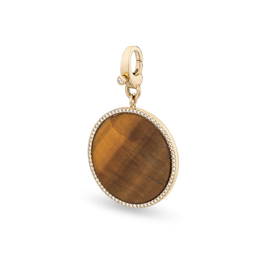 14 Karat Yellow Gold and Diamond Trimmed Tigers Eye Disk Clip Charm