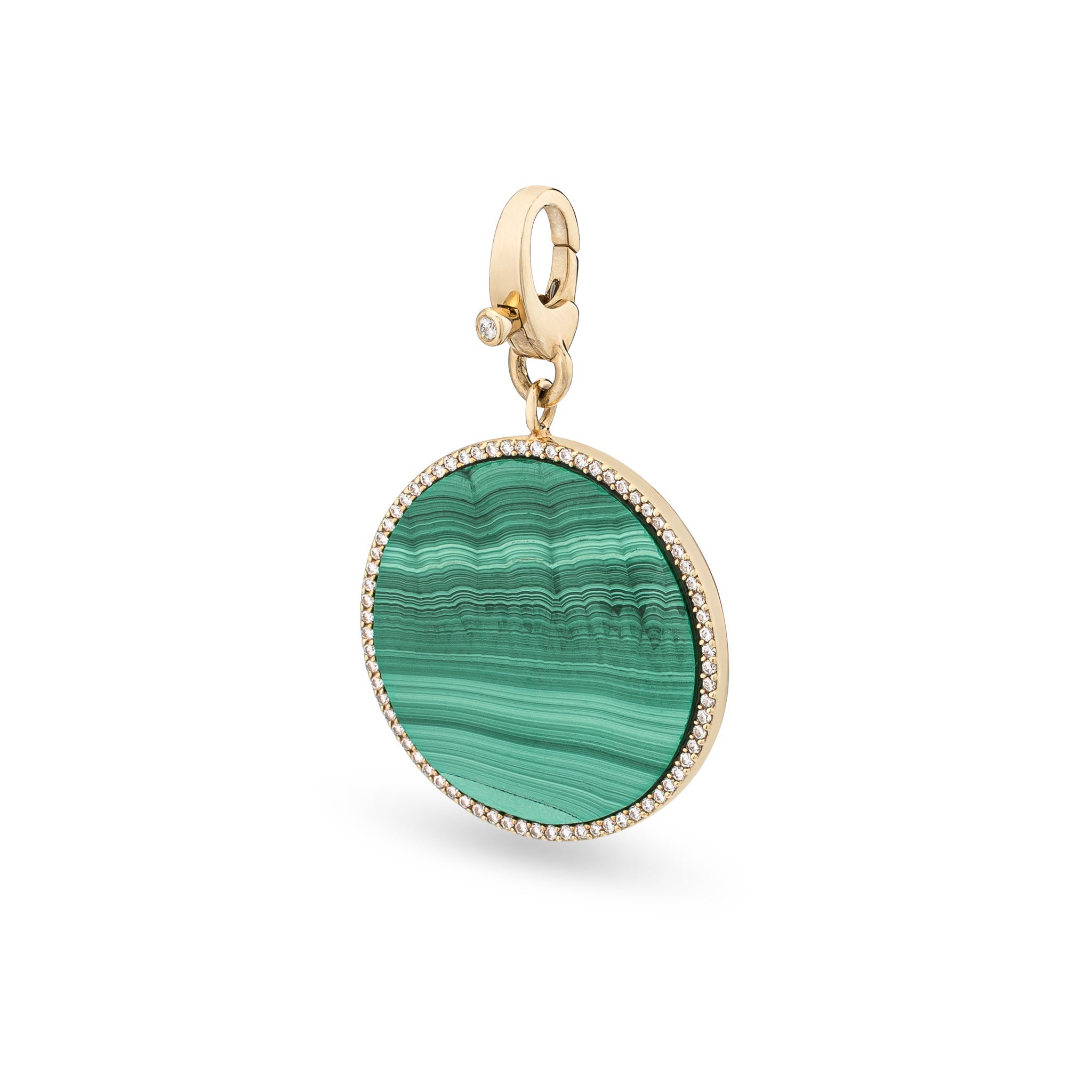 14 Karat Yellow Gold and Diamond Trimmed Malachite Disk Clip Charm