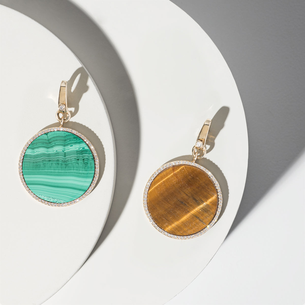 14 Karat Yellow Gold and Diamond Trimmed Malachite Disk Clip Charm