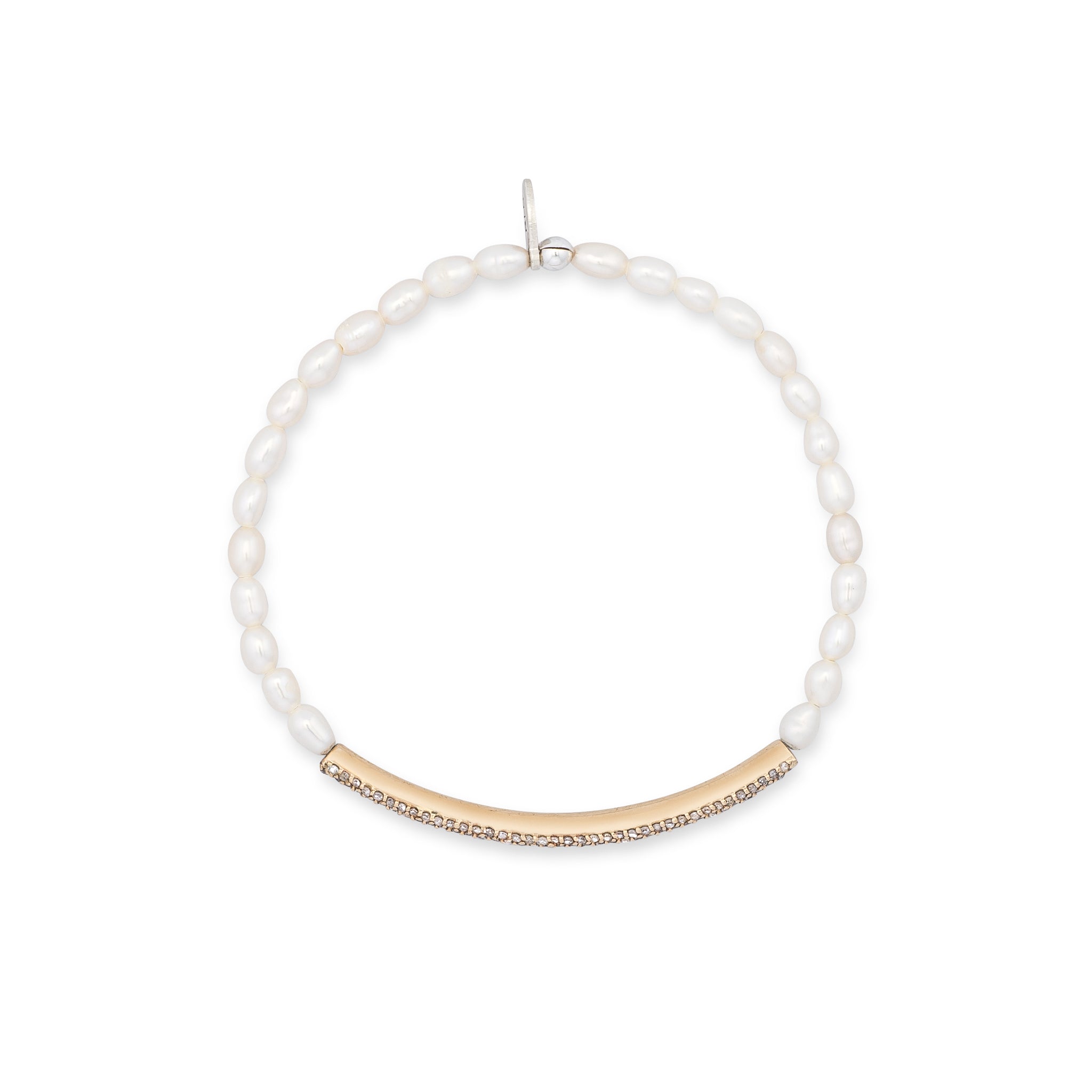 3mm Freshwater Pearl and 14 Karat Yellow Gold Diamond Bar Beaded Bracelet
