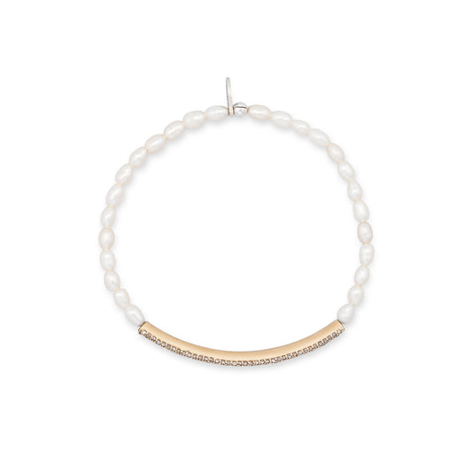 3mm Freshwater Pearl and 14 Karat Yellow Gold Diamond Bar Beaded Bracelet