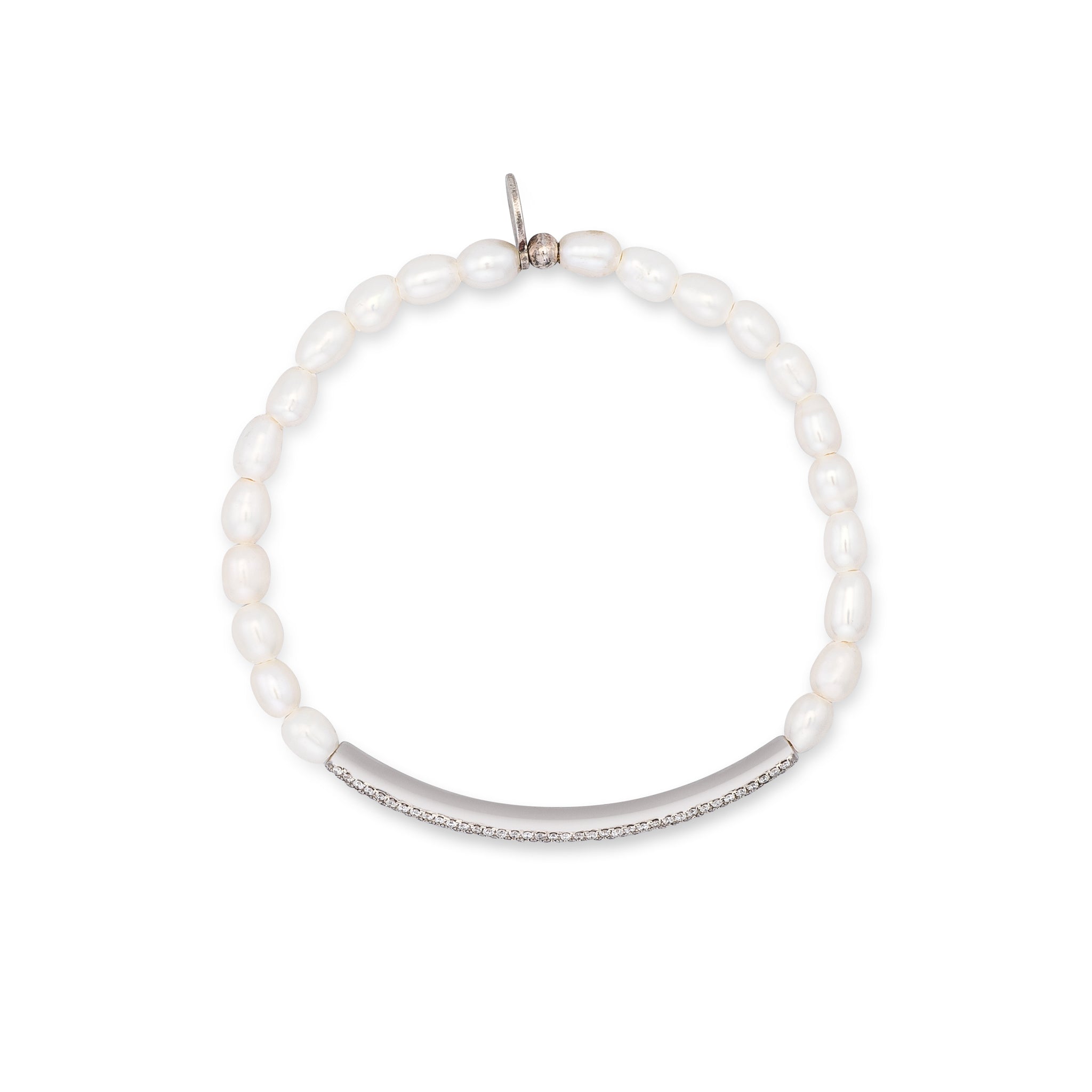 4mm Freshwater Pearl and 14 Karat White Gold Diamond Bar Beaded Bracelet