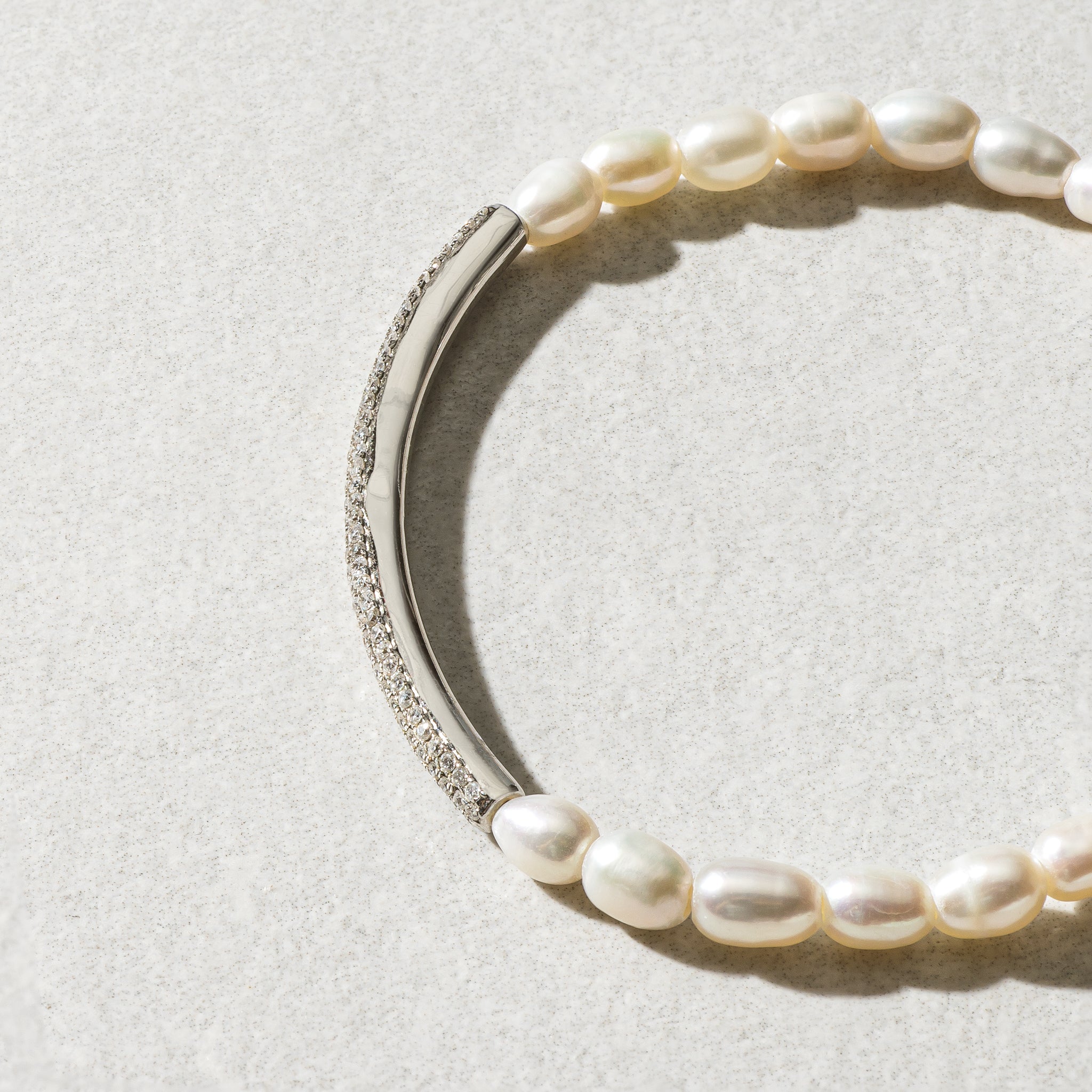 4mm Freshwater Pearl and 14 Karat White Gold Diamond Bar Beaded Bracelet