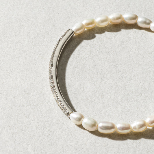 4mm Freshwater Pearl and 14 Karat White Gold Diamond Bar Beaded Bracelet