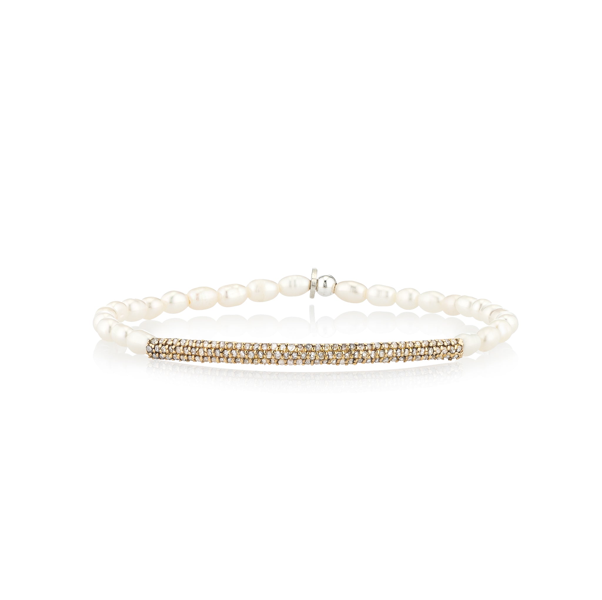 3mm Freshwater Pearl and 14 Karat Yellow Gold Diamond Bar Beaded Bracelet