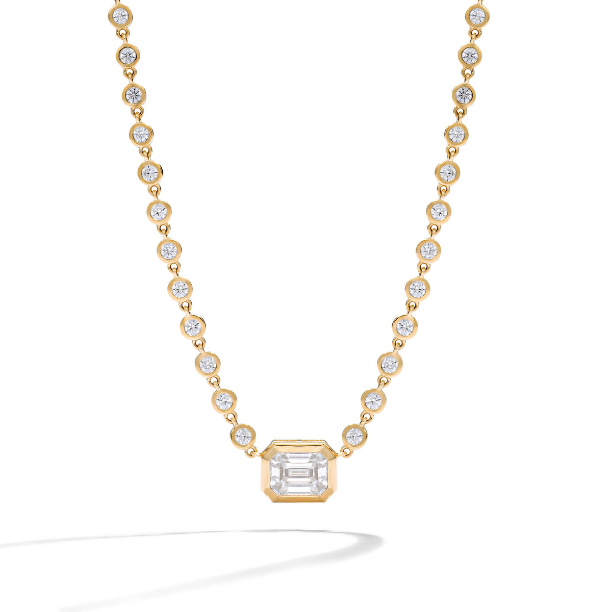 Yellow Gold Moissanite Emerald Cut Pendant with Bezel Chain