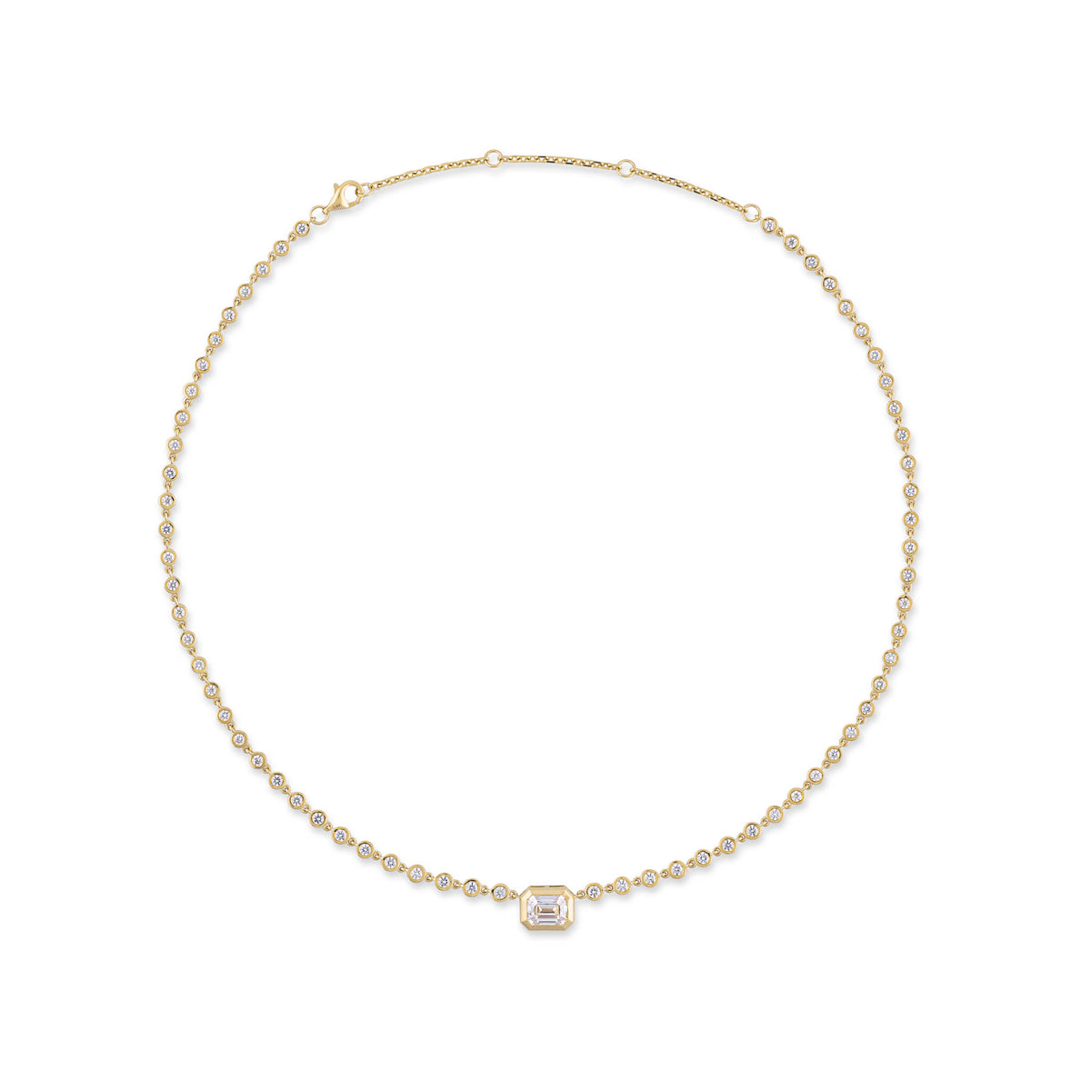 Yellow Gold Moissanite Emerald Cut Pendant with Bezel Chain