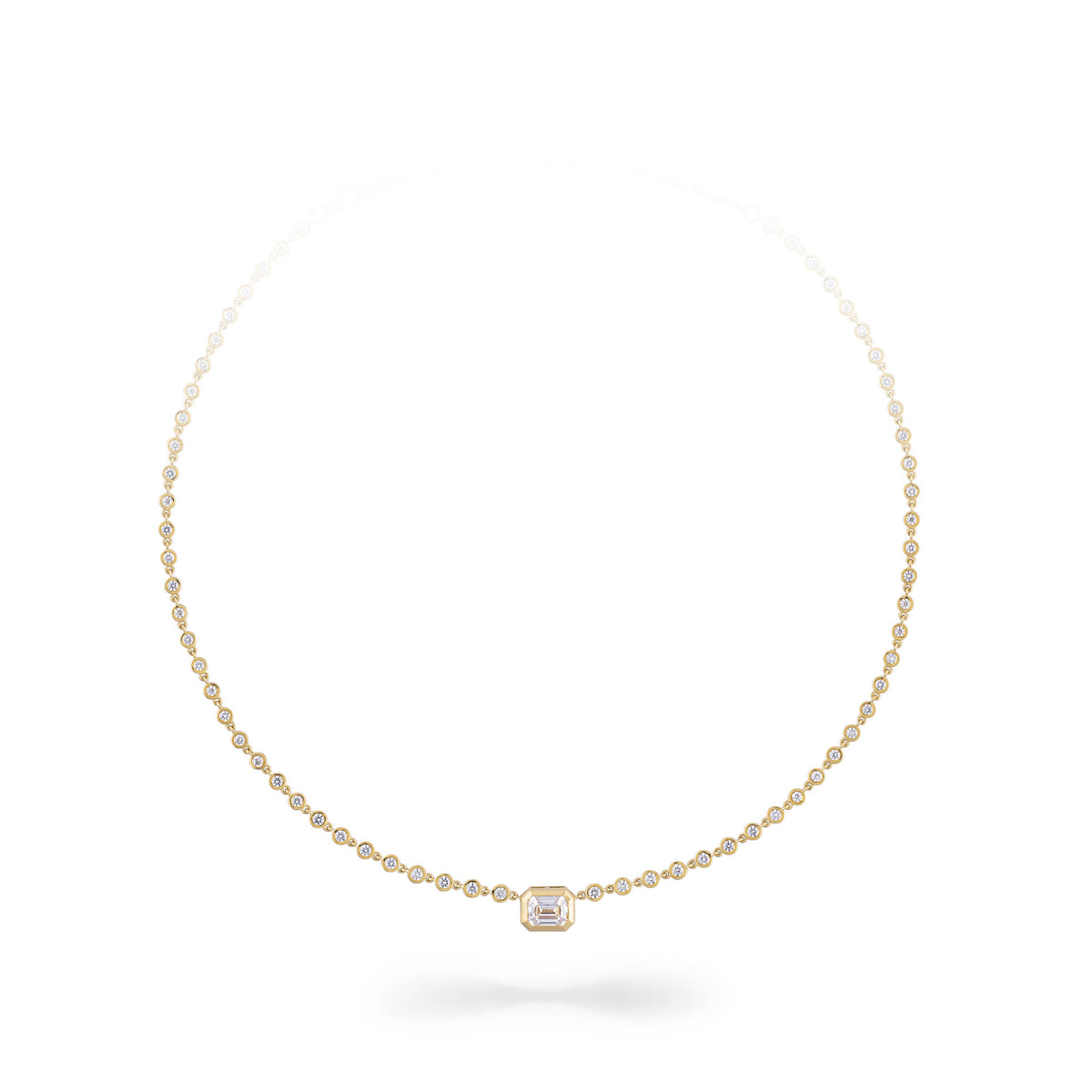 Yellow Gold Moissanite Emerald Cut Pendant with Bezel Chain